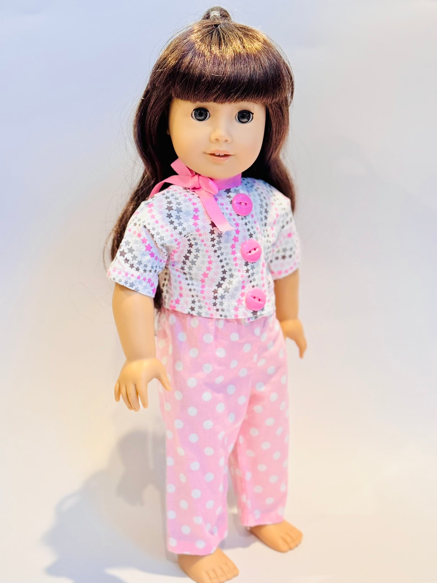 3-piece outfit made by Kathleen Saviak: starry pink crop top with polkadot pants and ribbon necktie