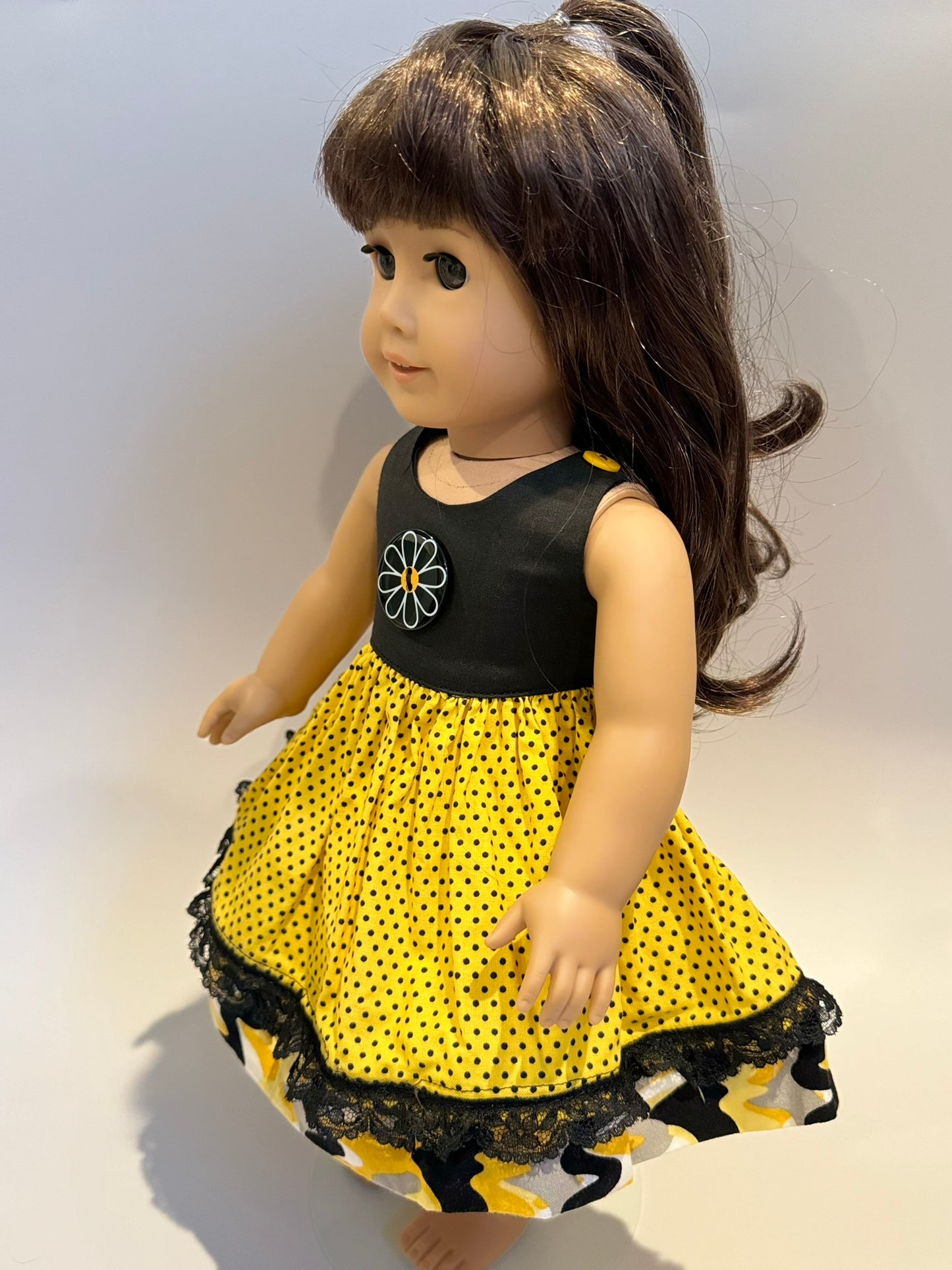 Dress made by Kathleen Saviak: black and yellow daisy polkadot