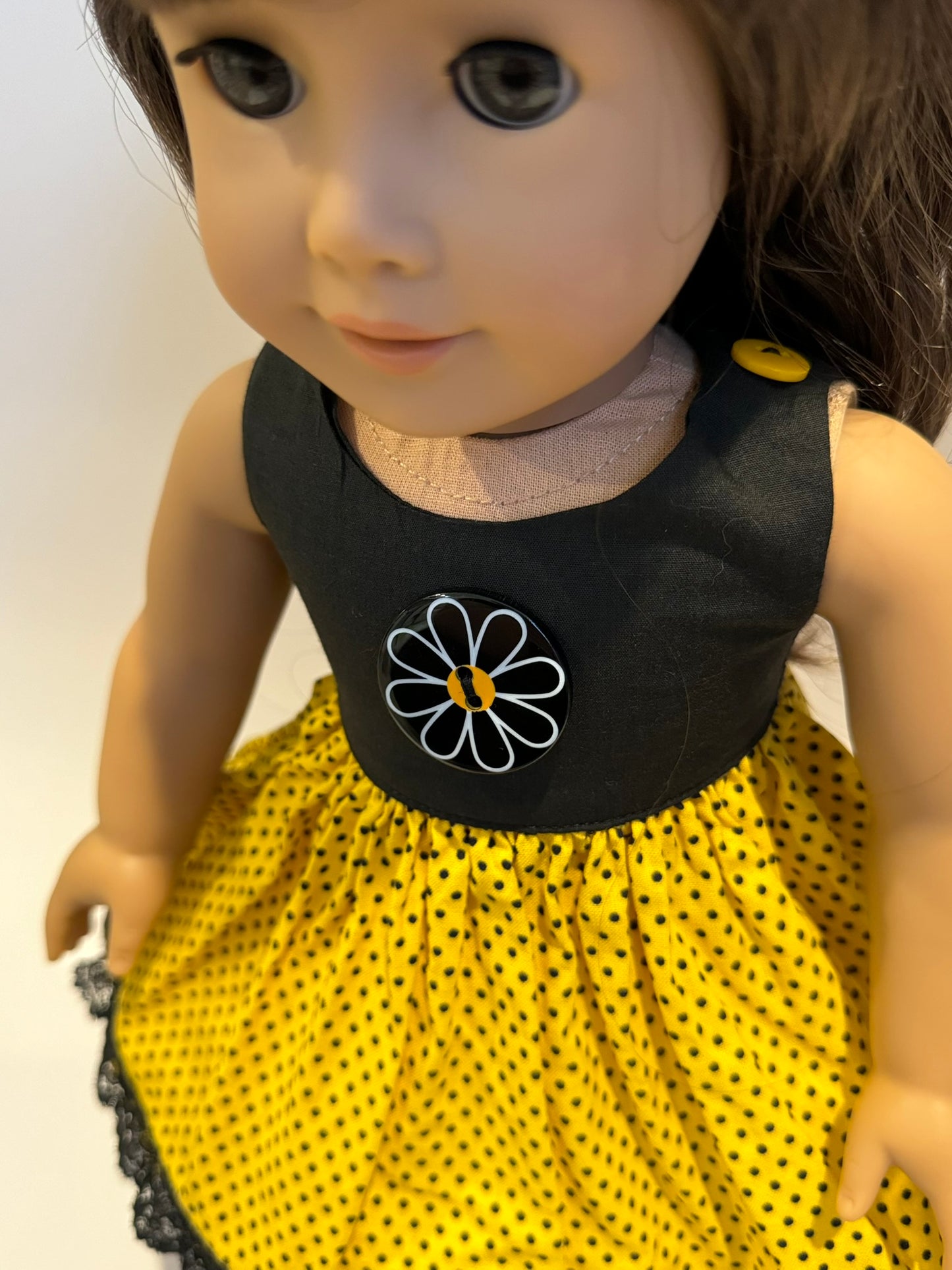 Dress made by Kathleen Saviak: black and yellow daisy polkadot