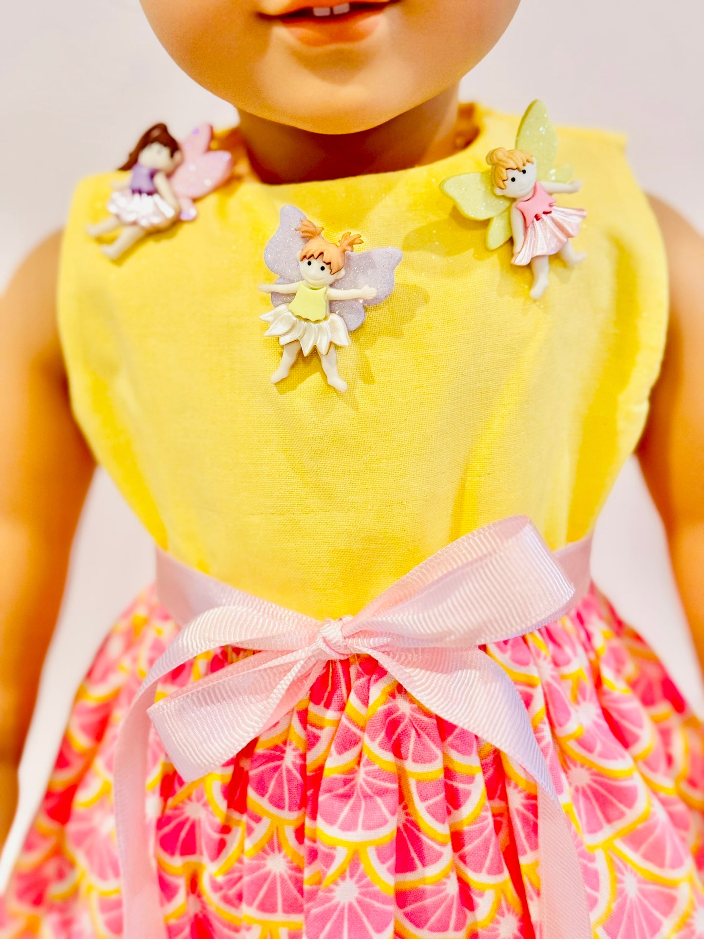 Dress made by Kathleen Saviak: yellow and pink citrus fairies