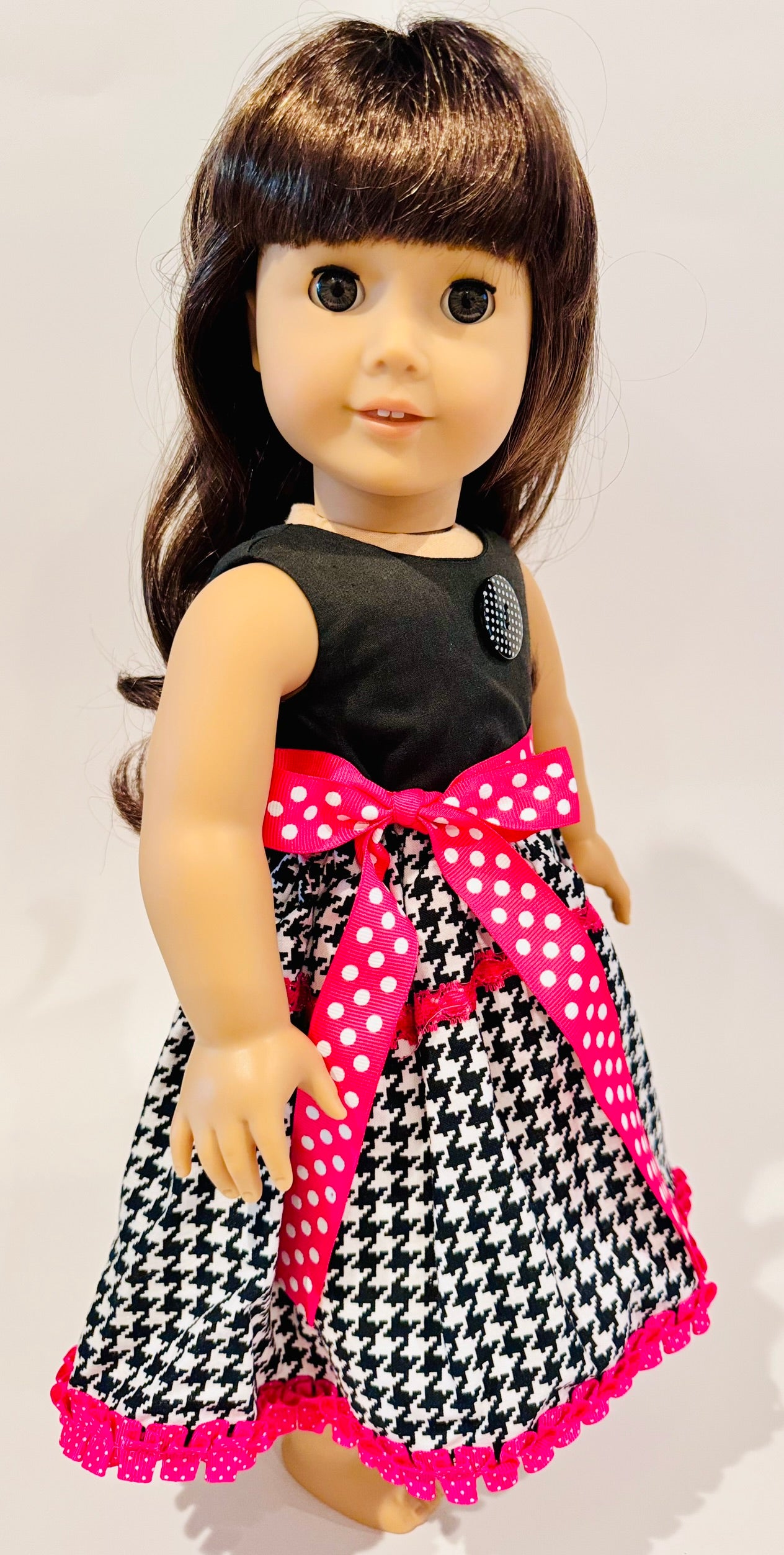 Dress made by Kathleen Saviak: black, white, and hot pink sleeveless