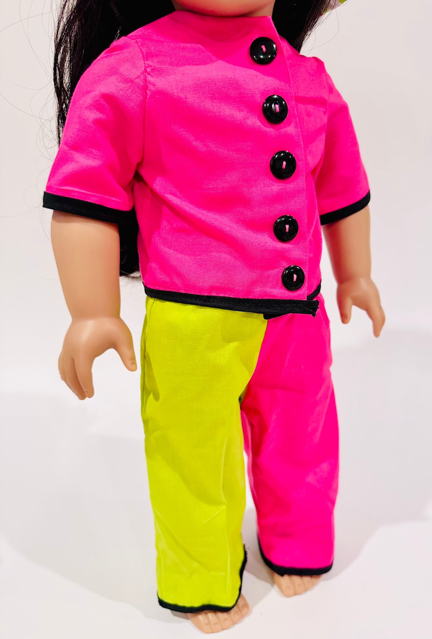 4-piece outfit made by Kathleen Saviak: lime pink and green zebra print outfit and hat