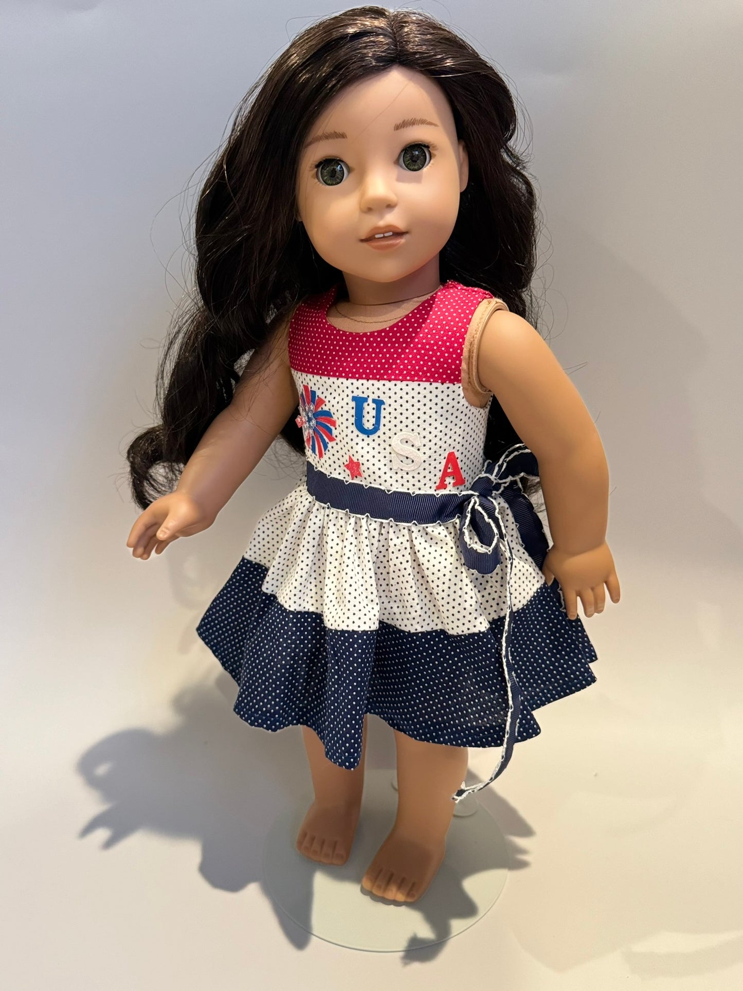Dress made by Kathleen Saviak: USA red, white, and blue polkadot