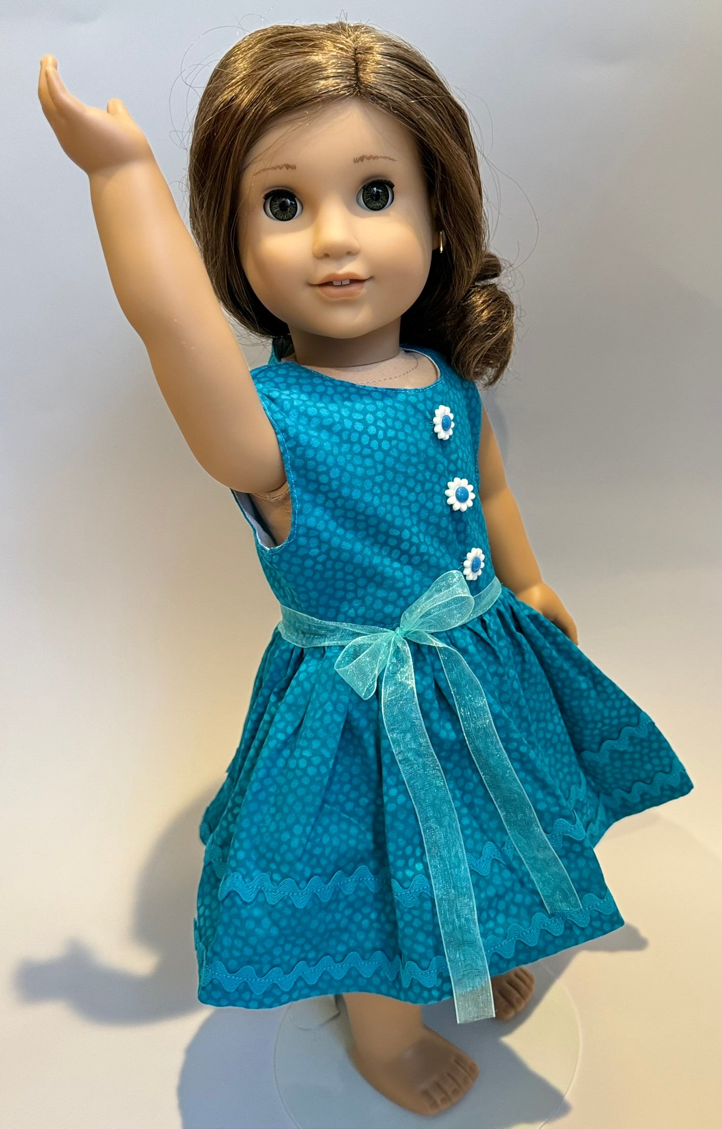 Dress made by Kathleen Saviak: blue sundress with daisy buttons