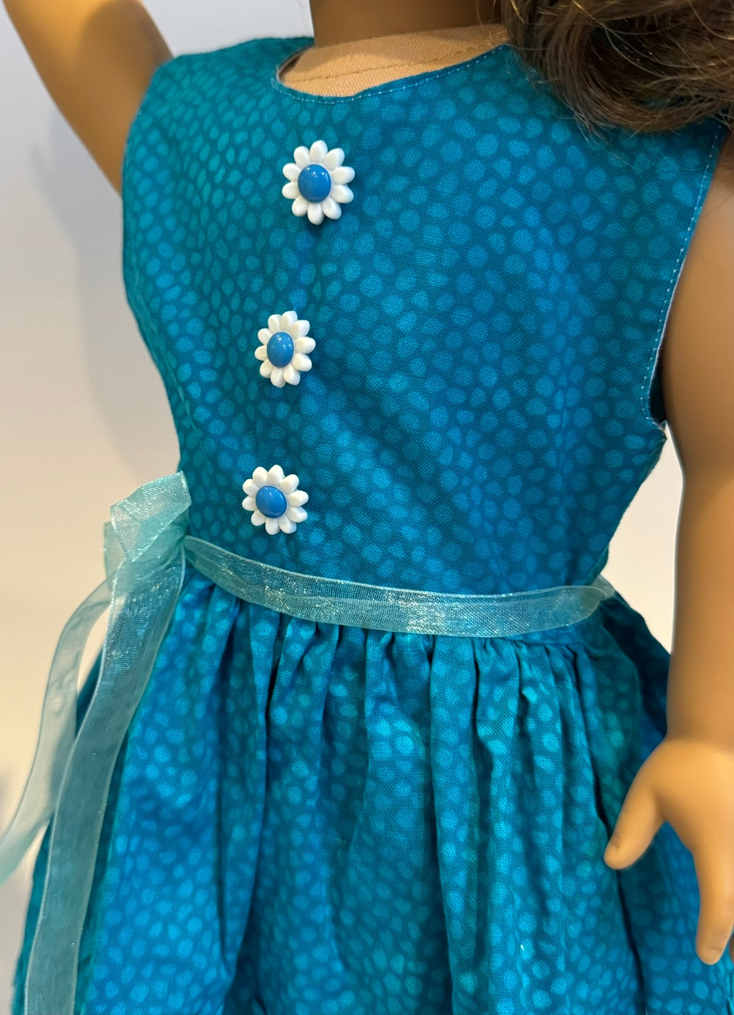 Dress made by Kathleen Saviak: blue sundress with daisy buttons
