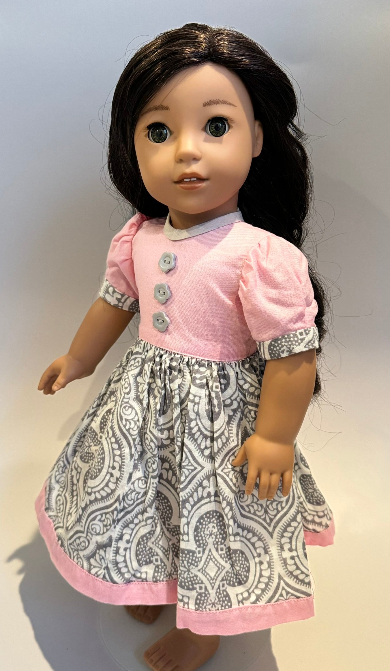 Dress made by Kathleen Saviak: pink and gray damask with flower buttons