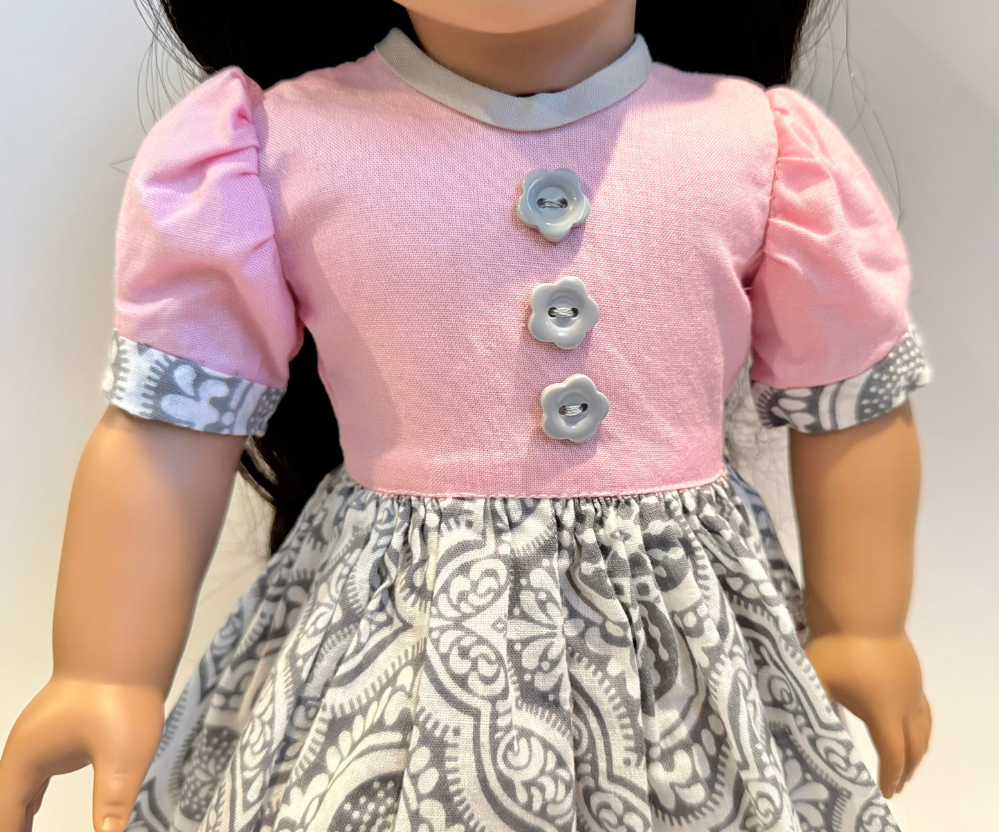 Dress made by Kathleen Saviak: pink and gray damask with flower buttons