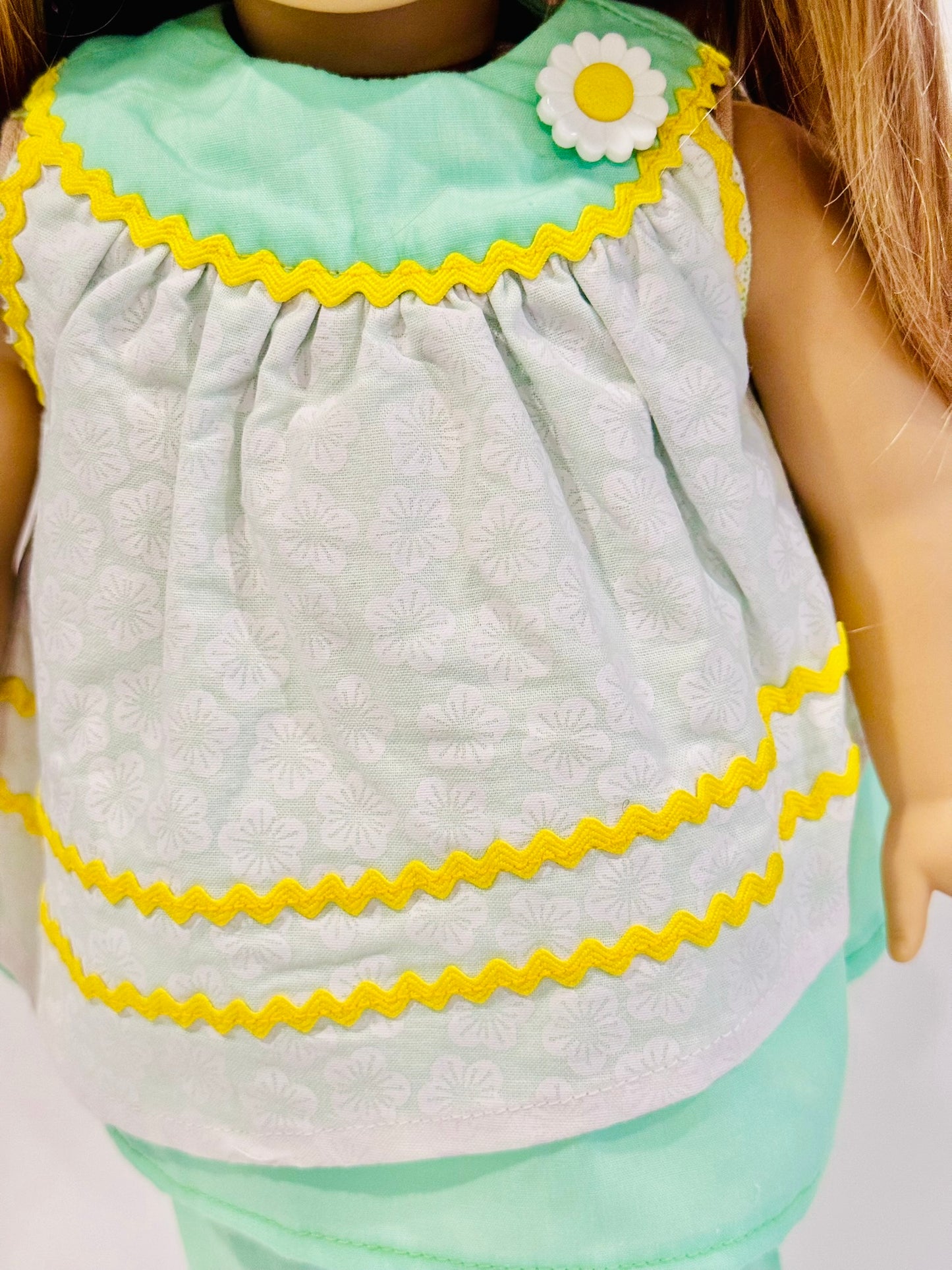 2-piece outfit made by Kathleen Saviak: mint green flowy and flowery top and slacks