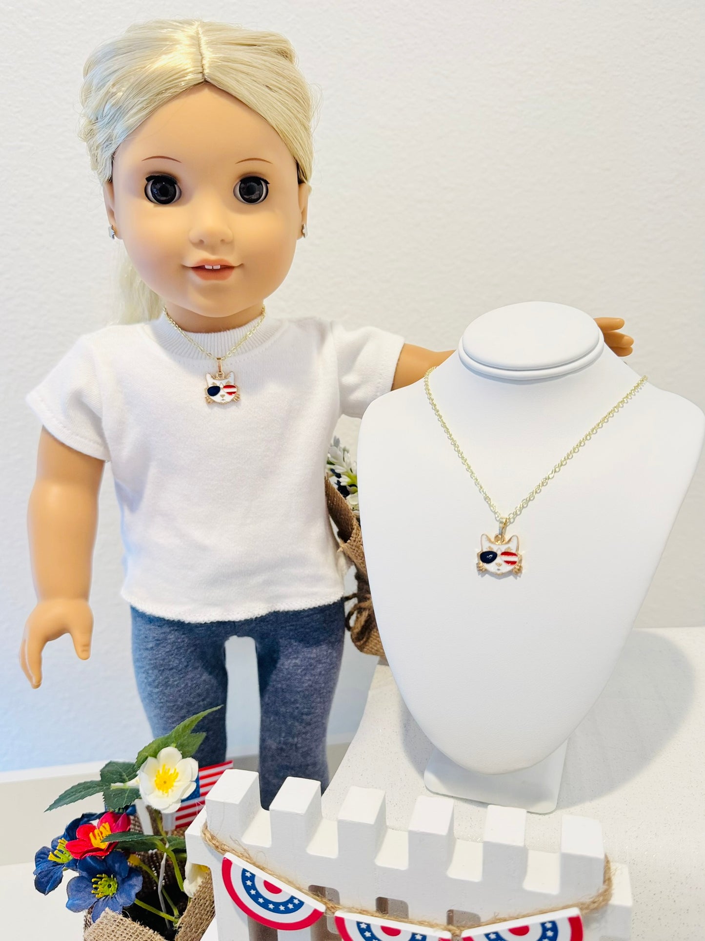 LIMITED EDITION Charm Necklace Set - Fourth of July Series 2 for Girls & Dolls: Cool Cat