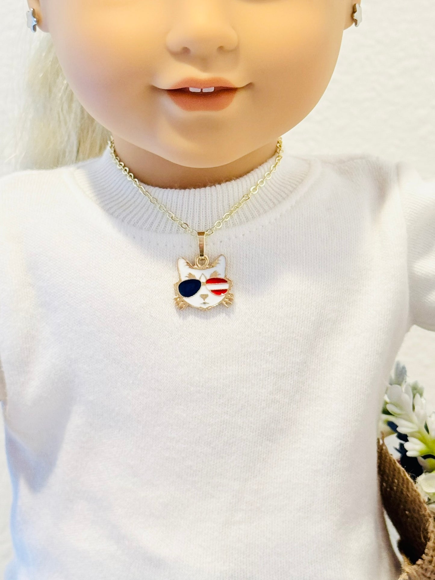 LIMITED EDITION Charm Necklace Set - Fourth of July Series 2 for Girls & Dolls: Cool Cat
