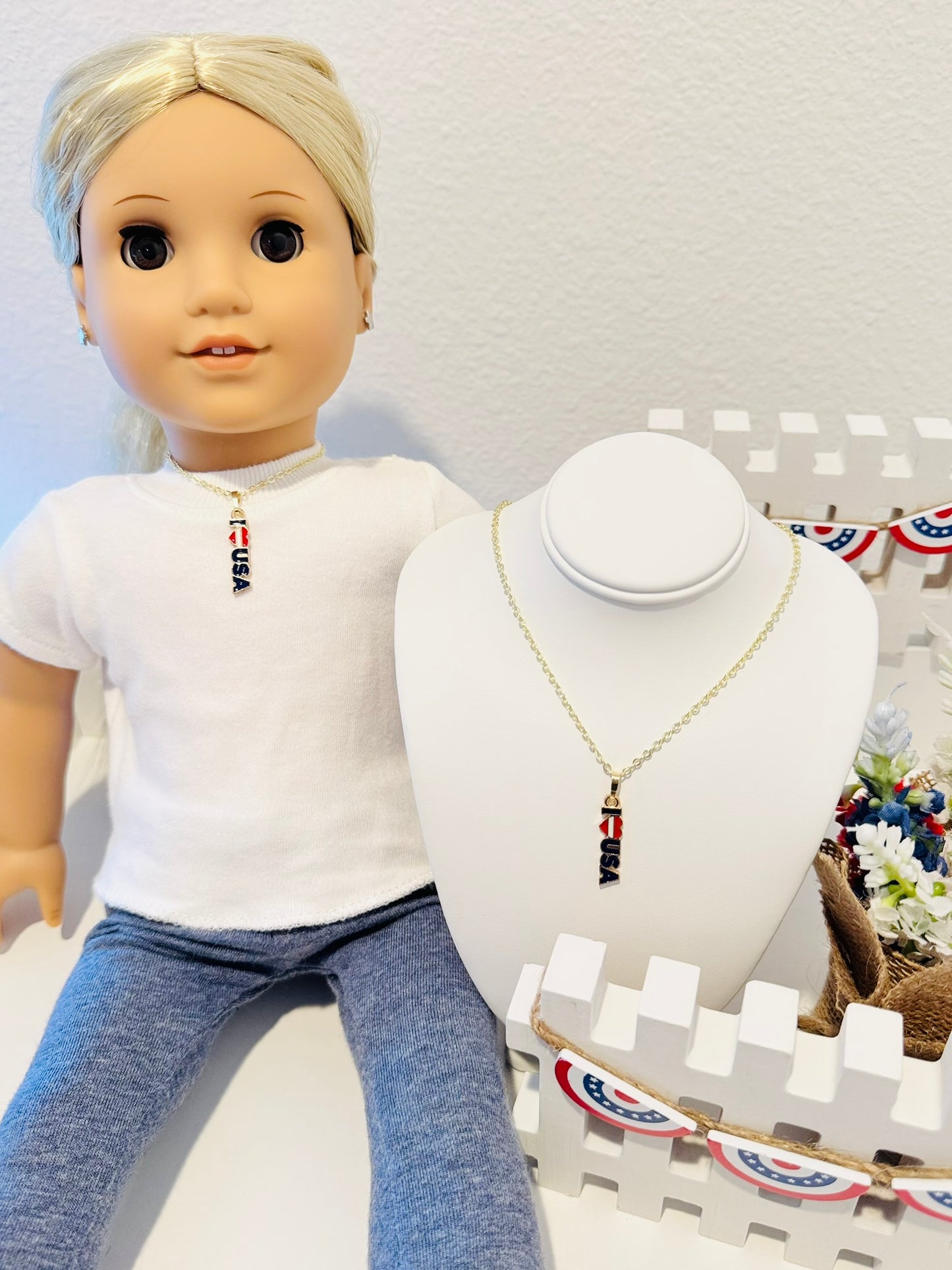 LIMITED EDITION Charm Necklace Set - Fourth of July Series 2 for Girls & Dolls: I <3 USA