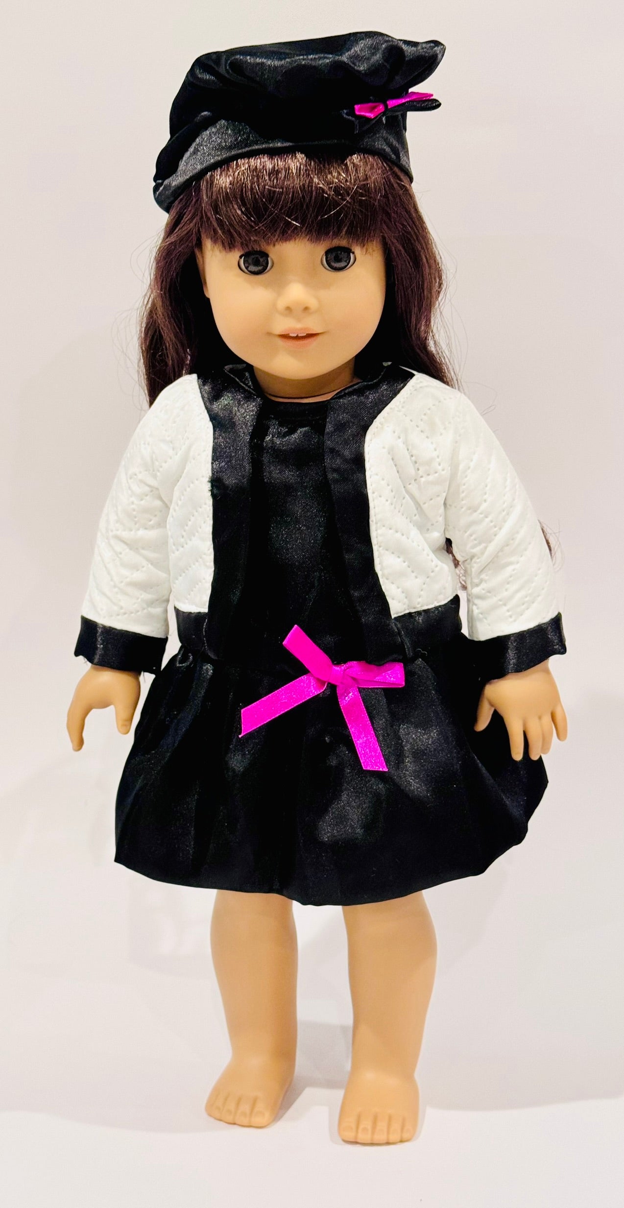 3-piece outfit made by Kathleen Saviak: black satin dress with jacket and hat