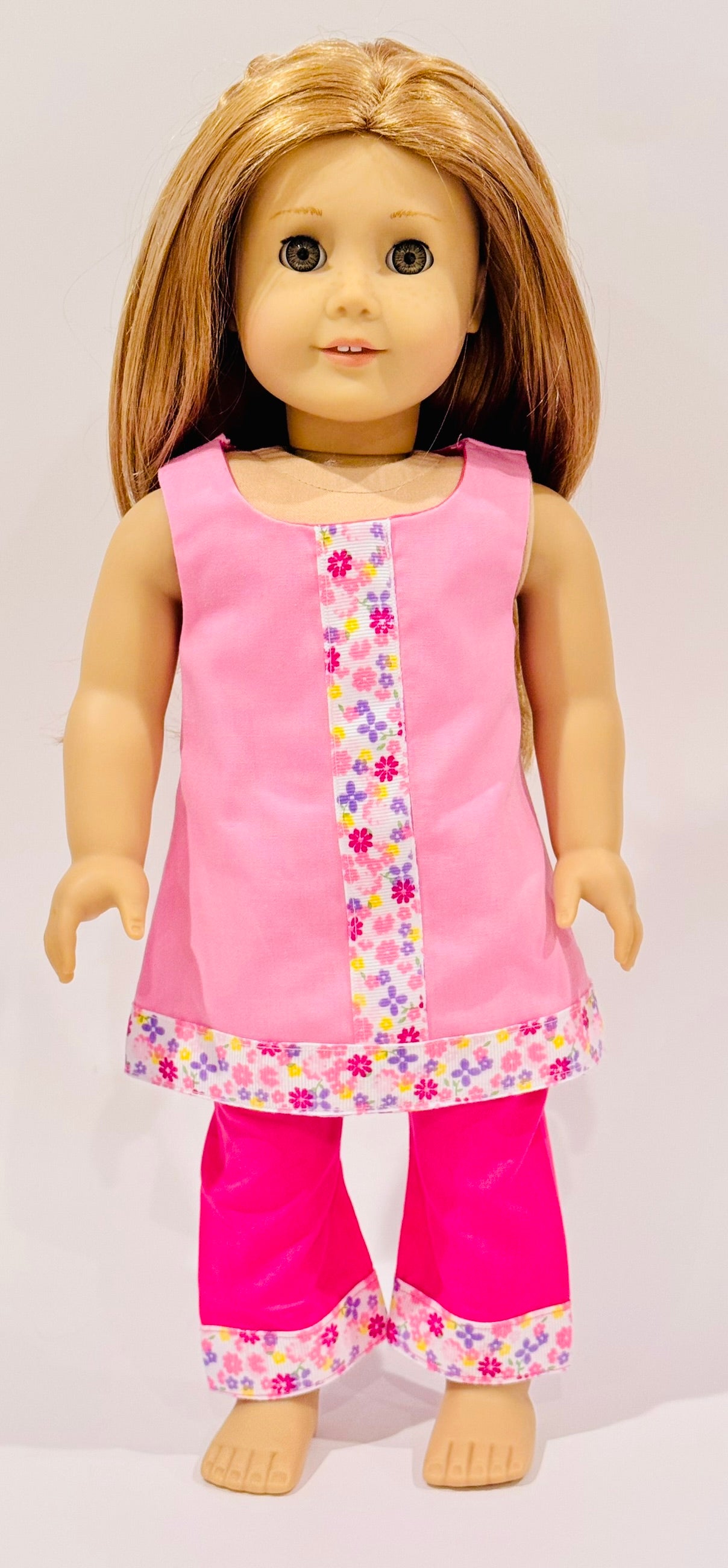 2-piece outfit made by Kathleen Saviak: pink floral shift and slacks