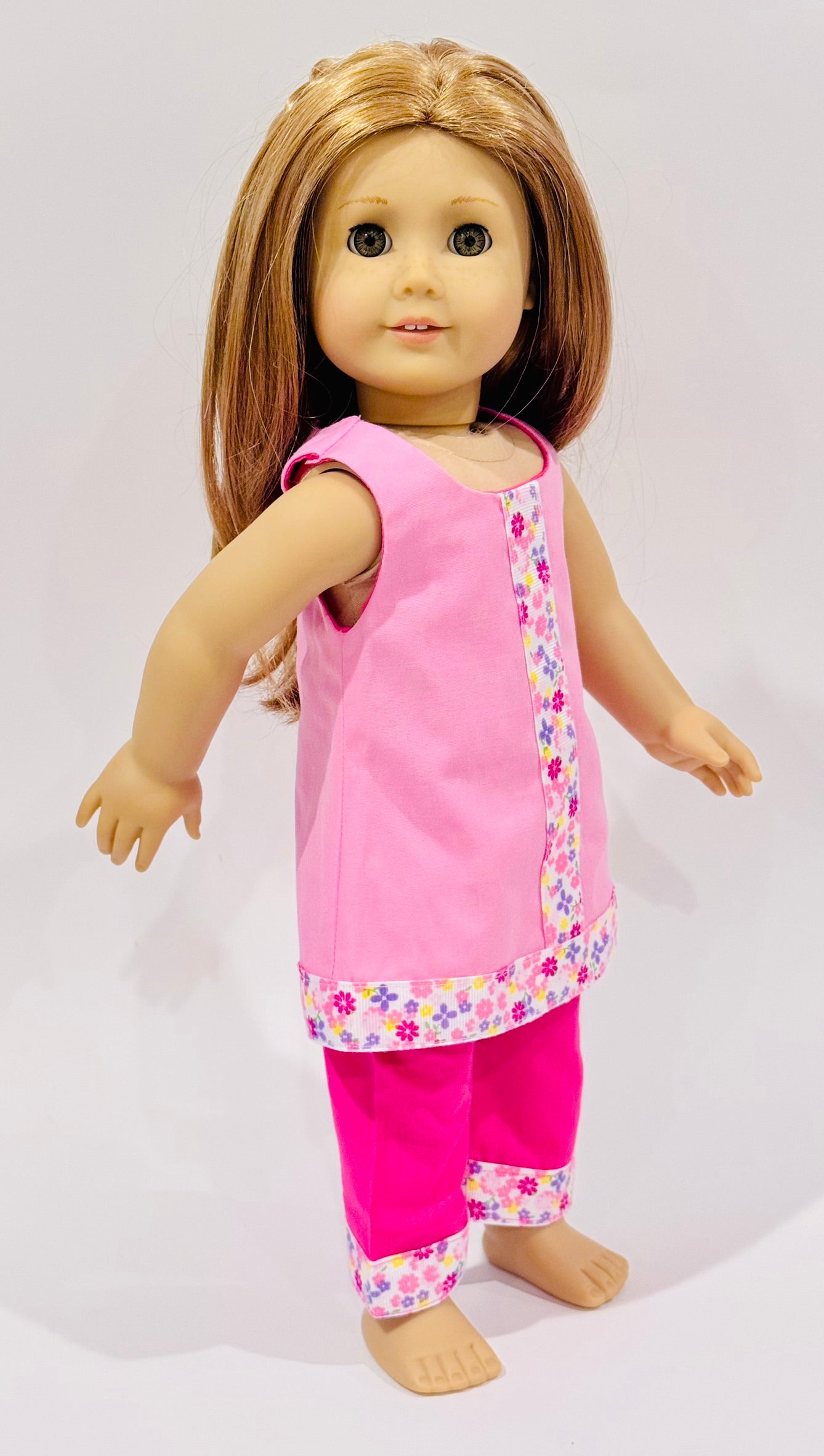 2-piece outfit made by Kathleen Saviak: pink floral shift and slacks