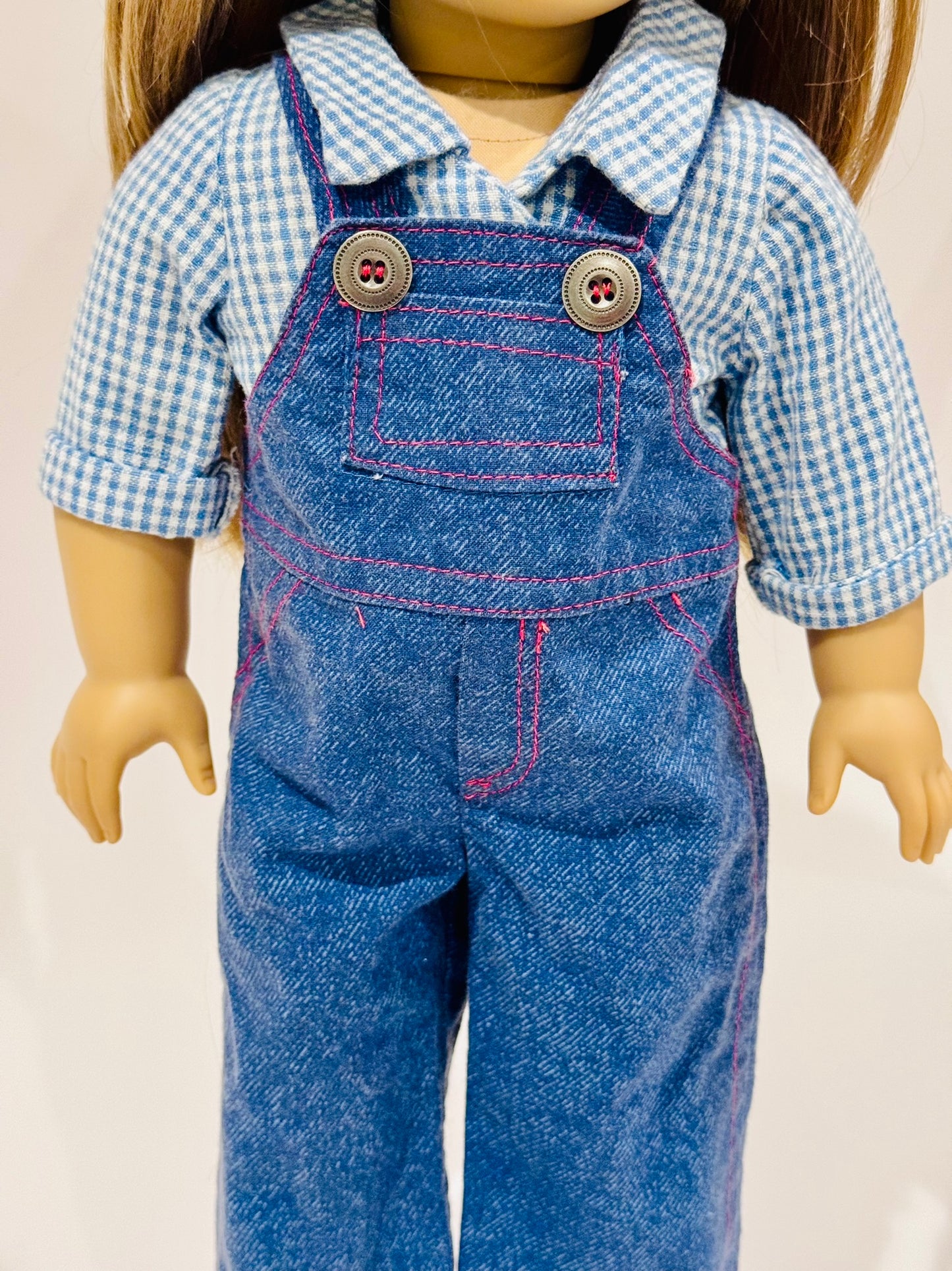 2-piece outfit made by Kathleen Saviak: blue jean overalls with gingham undershirt