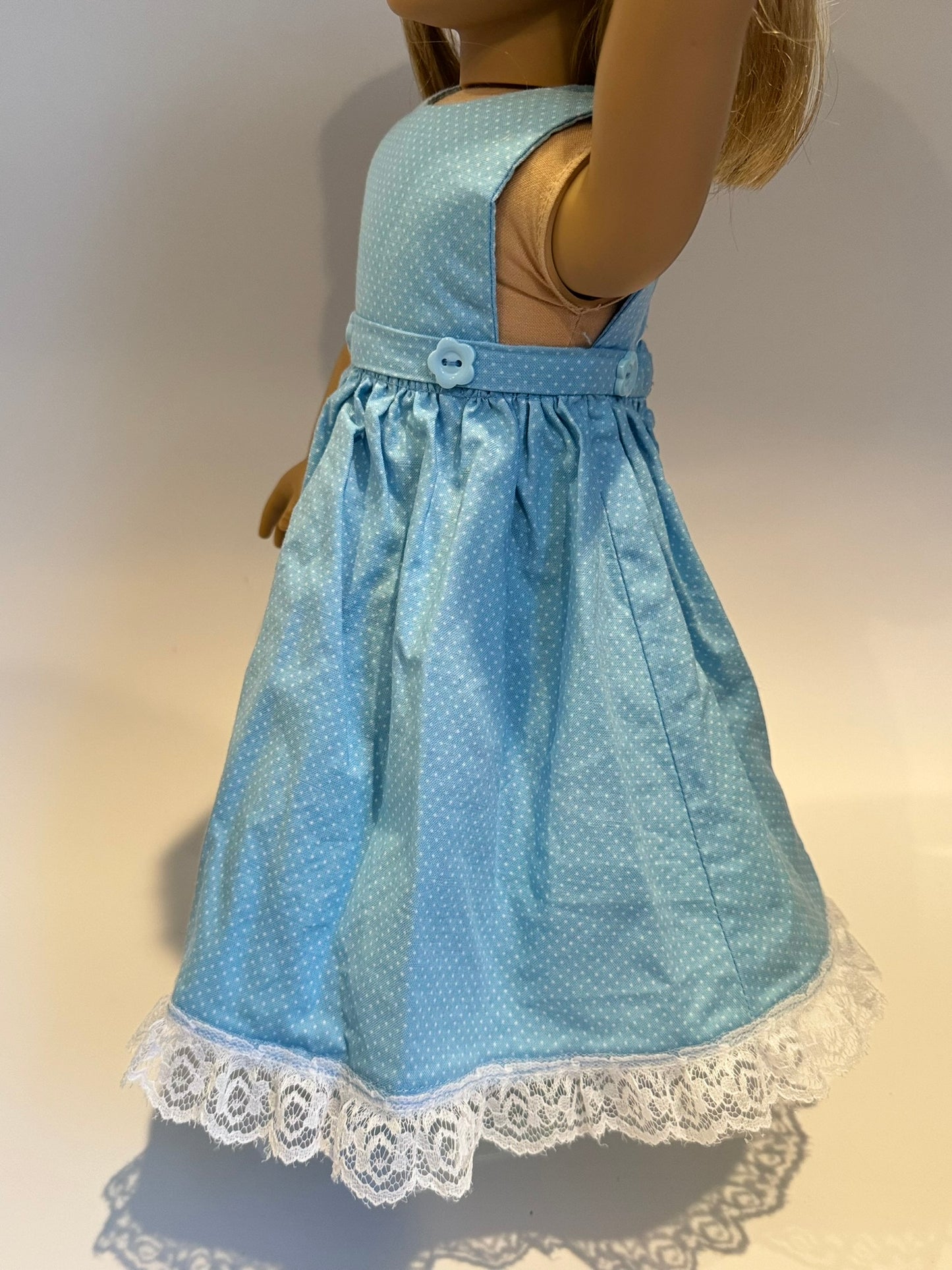 Dress made by Kathleen Saviak: blue polkadot sleeveless with embellished waistband