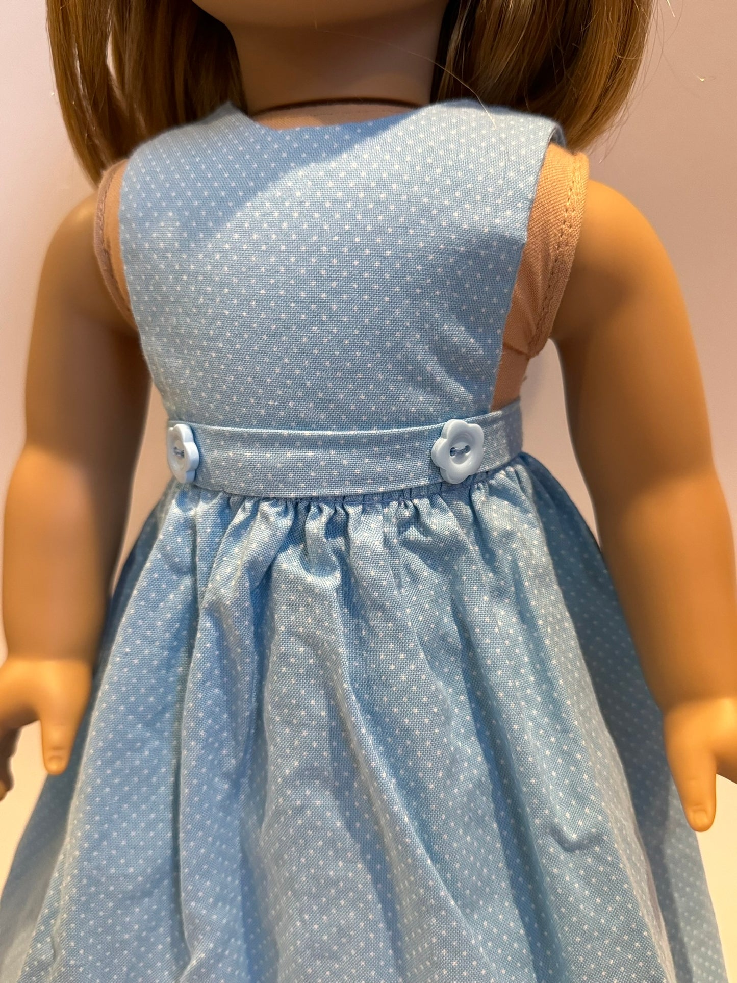Dress made by Kathleen Saviak: blue polkadot sleeveless with embellished waistband