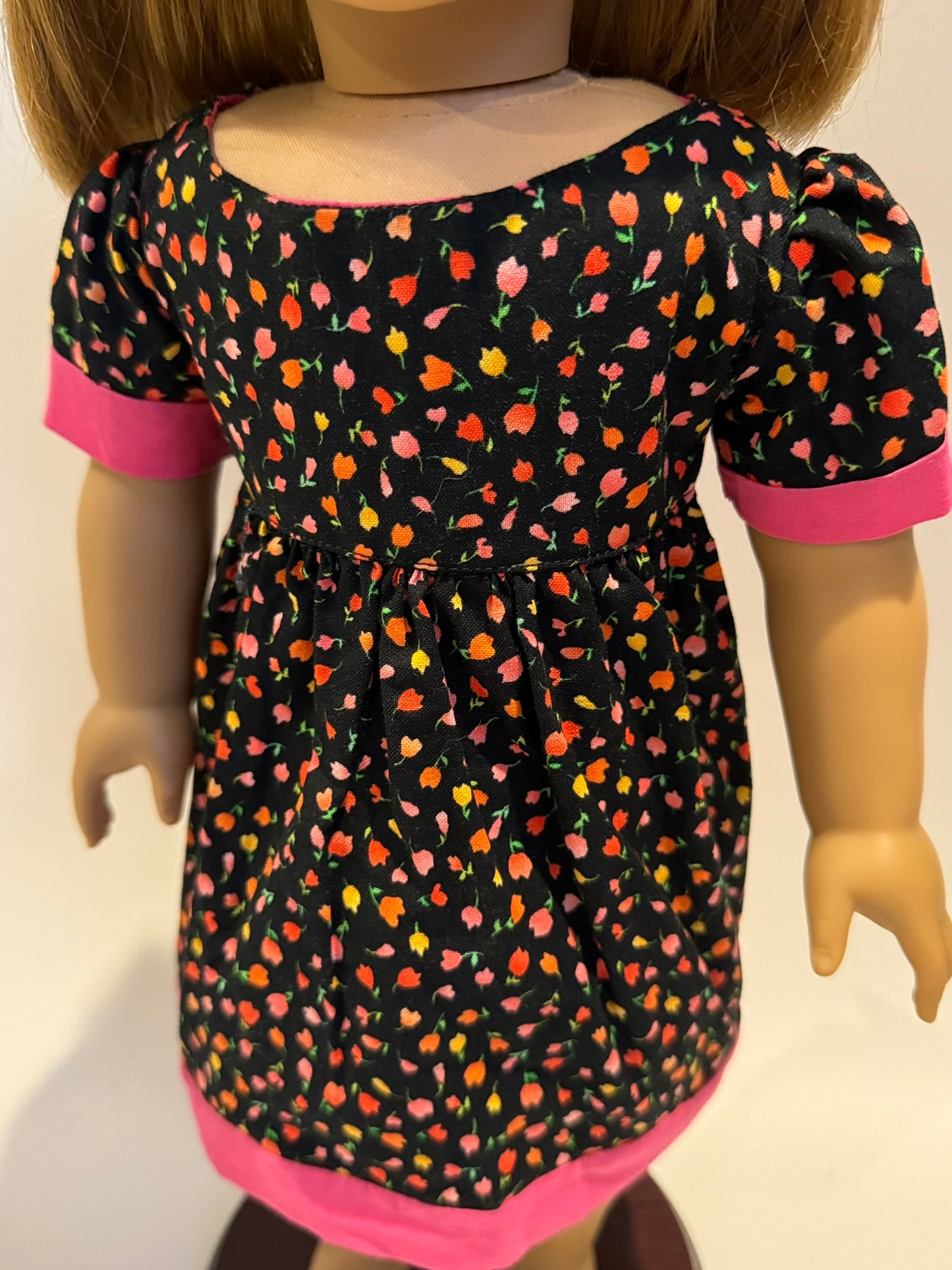 Dress made by Kathleen Saviak: black tulips with hot pink trim