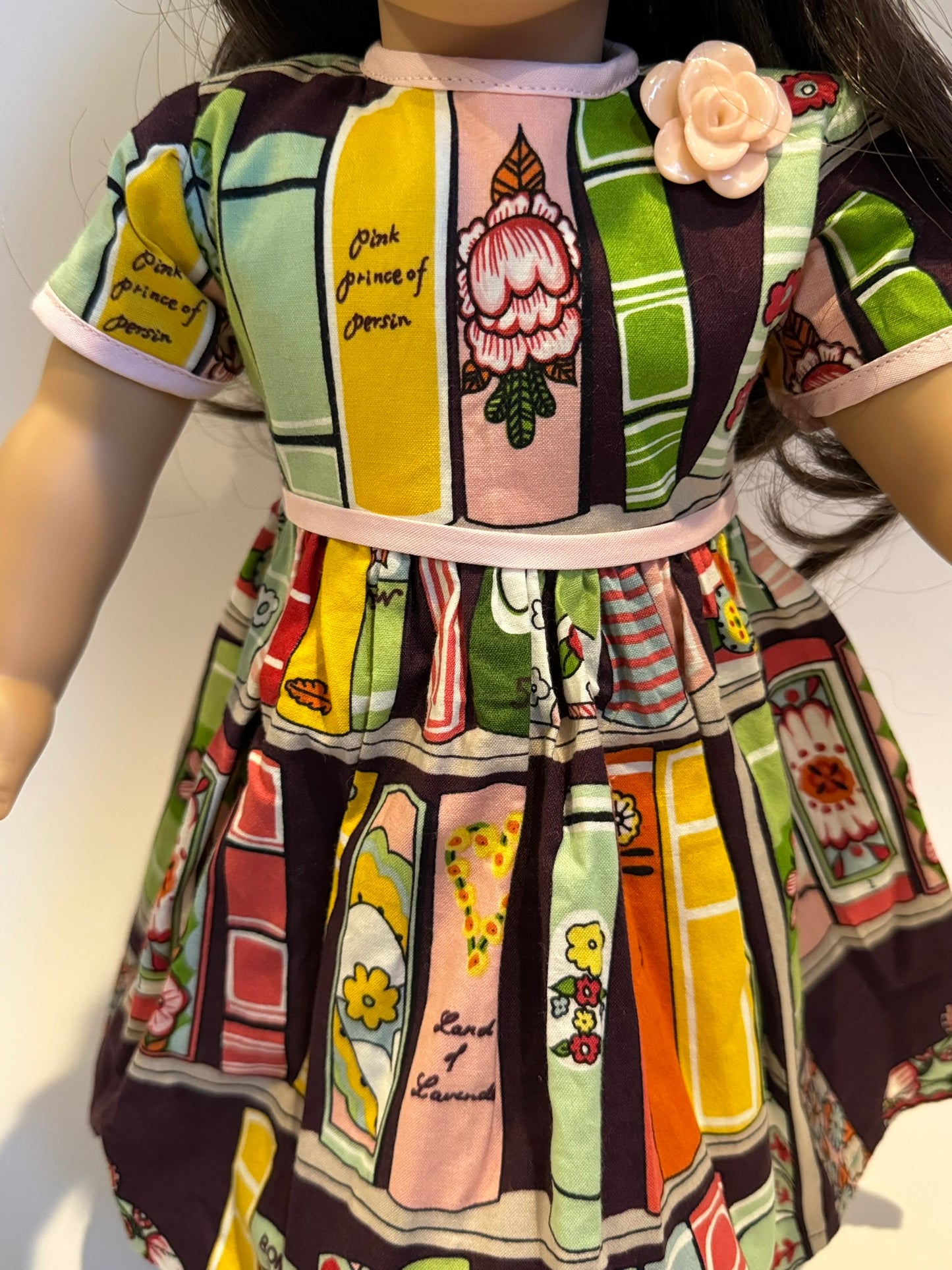 Dress made by Kathleen Saviak: "bookshelf" print with pink trim