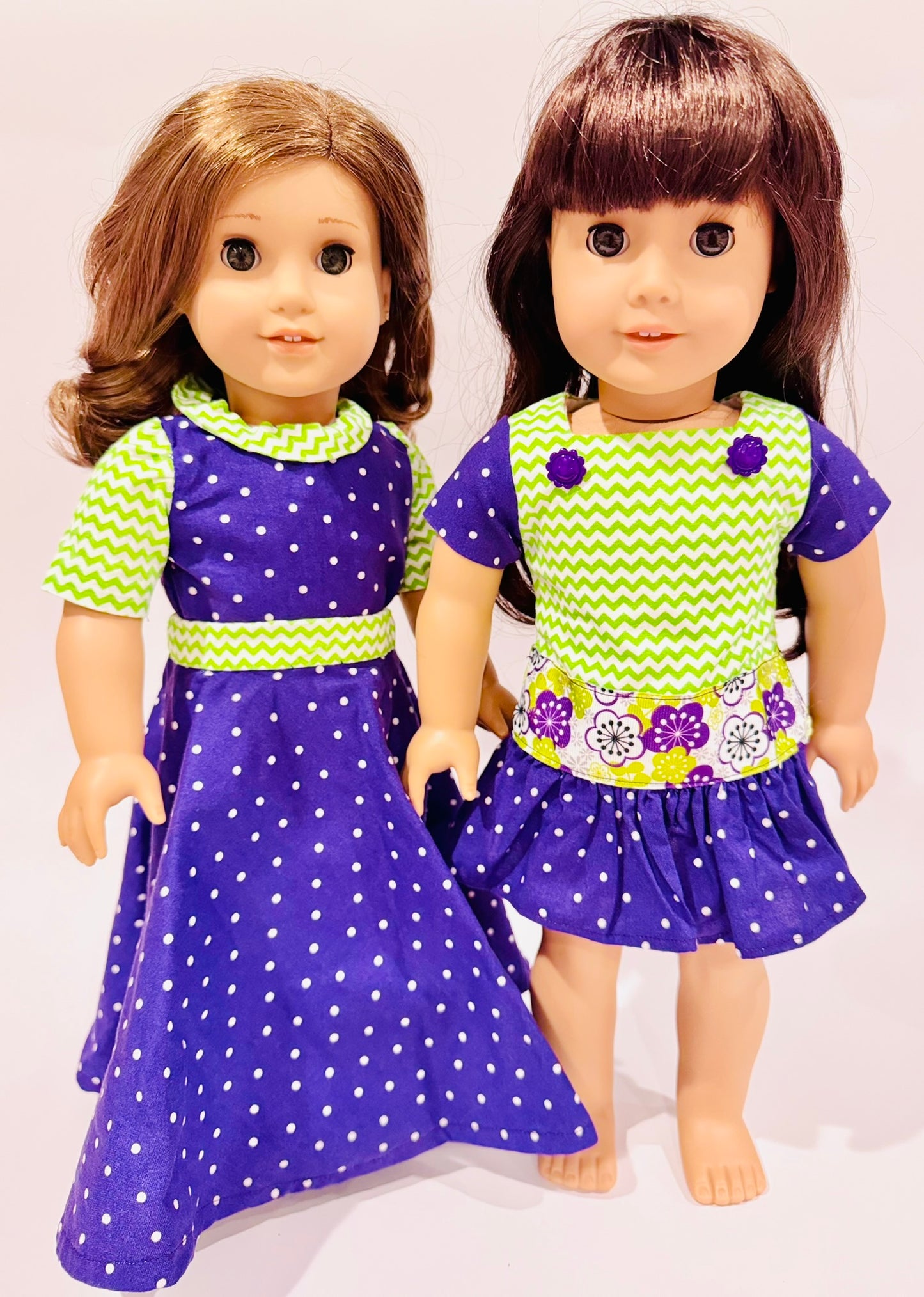 Purple polkadot and green zig zag set made by Kathleen Saviak