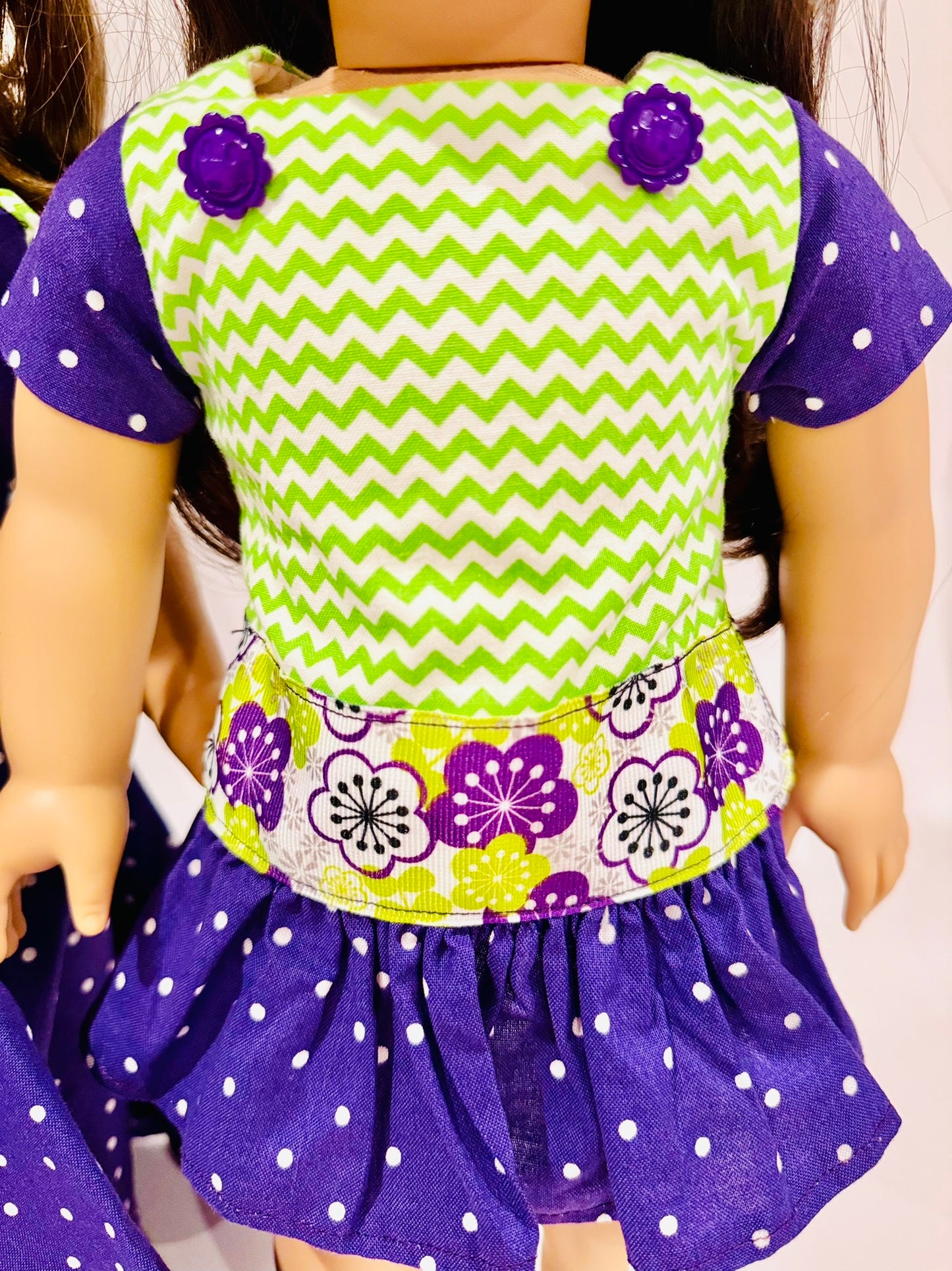 Purple polkadot and green zig zag set made by Kathleen Saviak