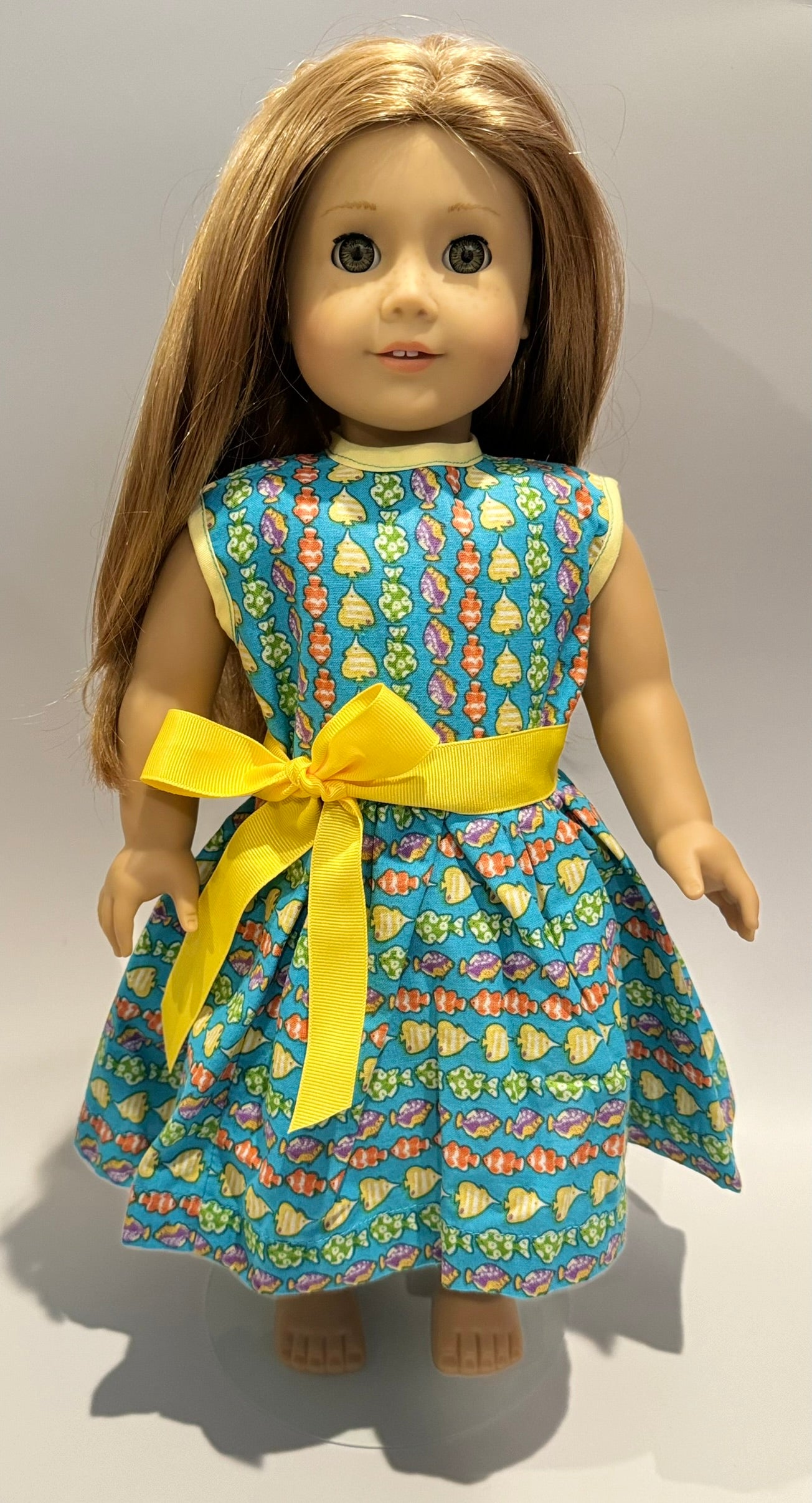 Dress made by Kathleen Saviak: blue and yellow fish