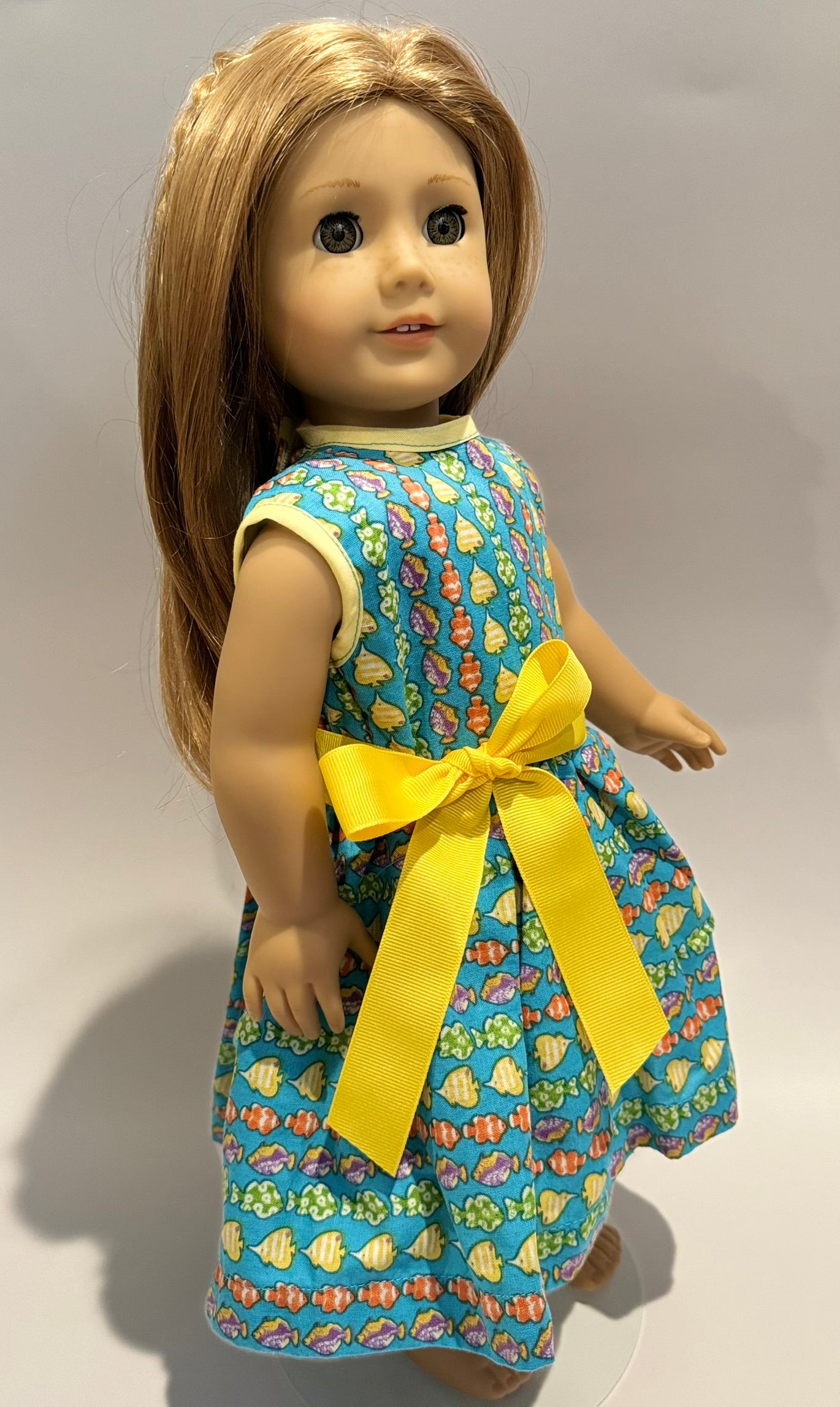 Dress made by Kathleen Saviak: blue and yellow fish