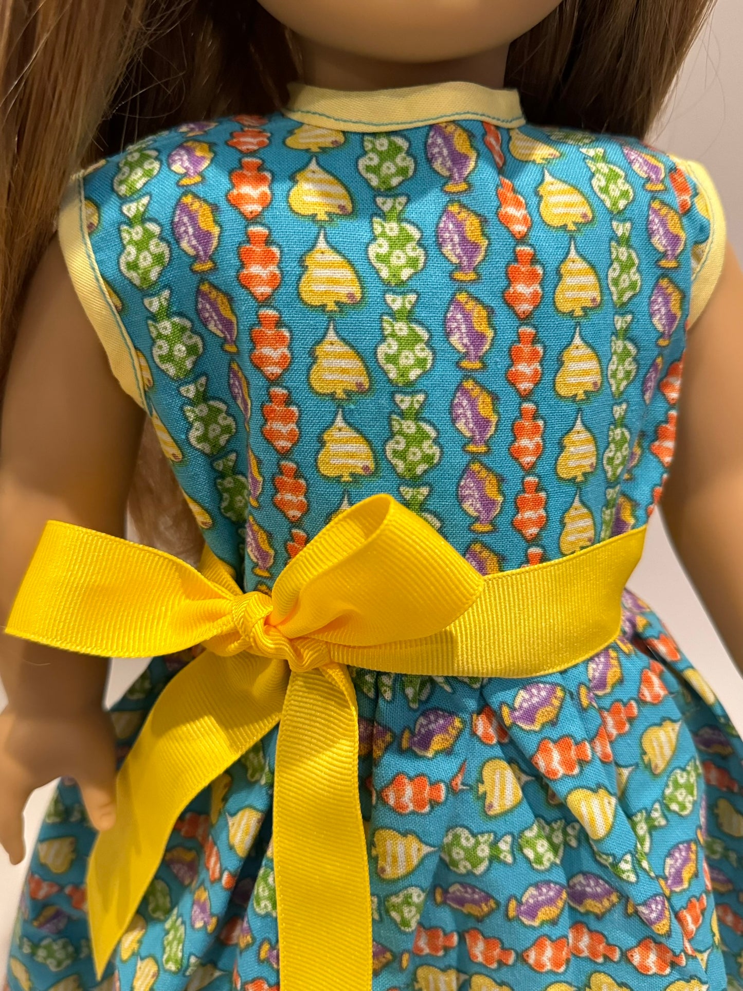 Dress made by Kathleen Saviak: blue and yellow fish