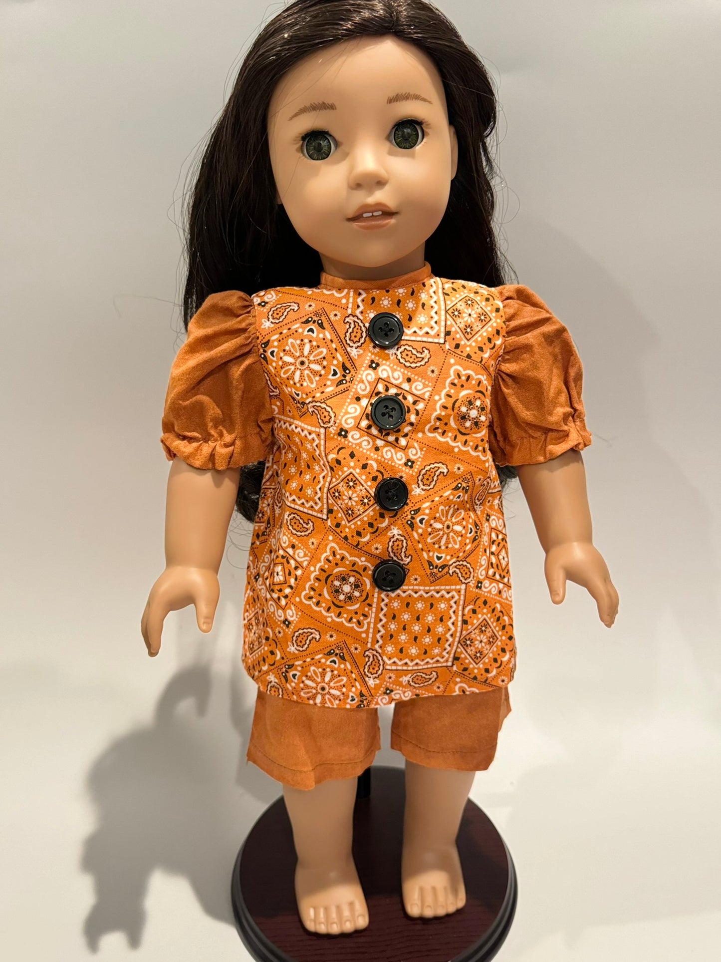 2-piece outfit made by Kathleen Saviak: orange paisley squares dress with coordinating slacks