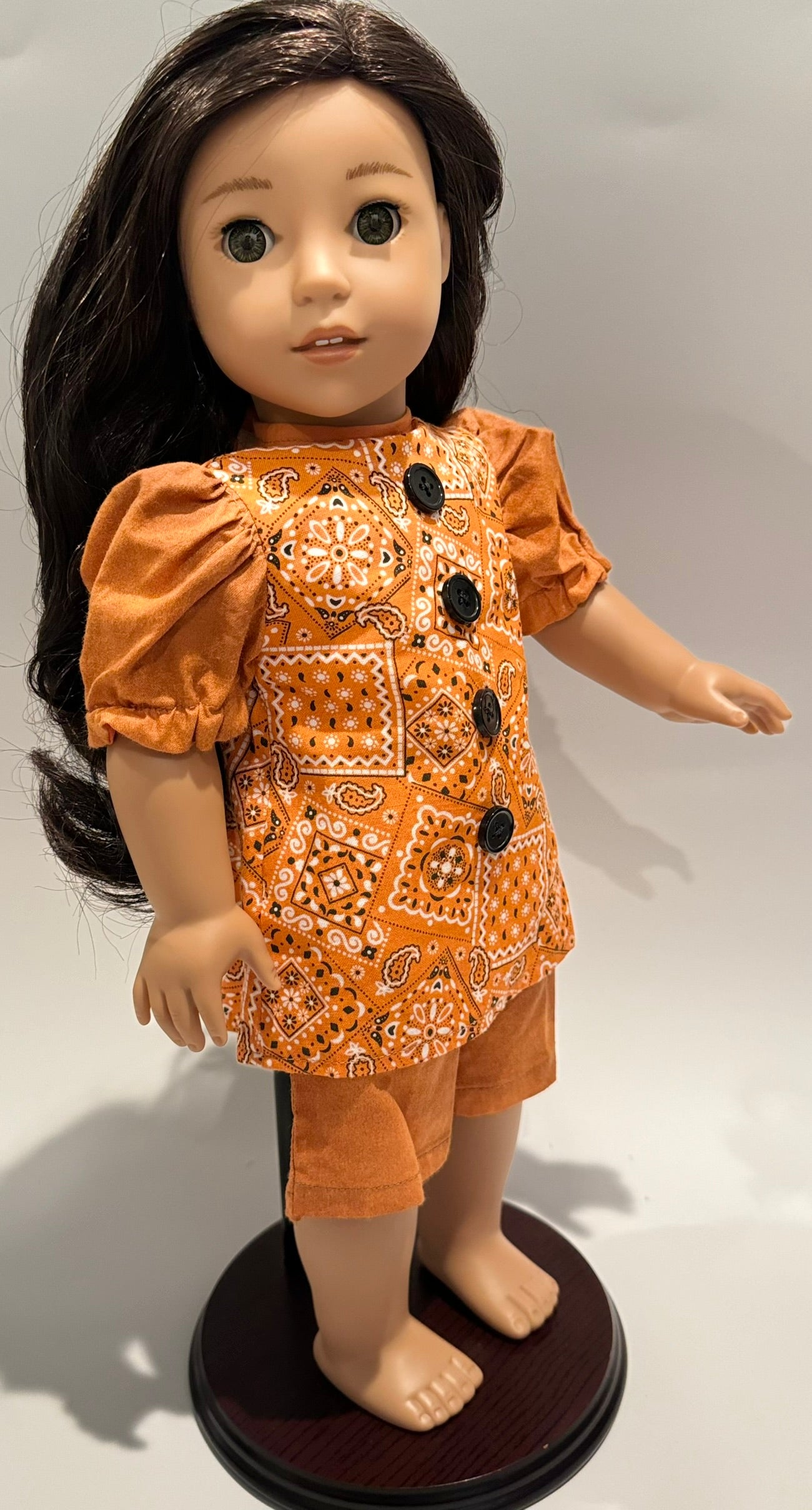 2-piece outfit made by Kathleen Saviak: orange paisley squares dress with coordinating slacks