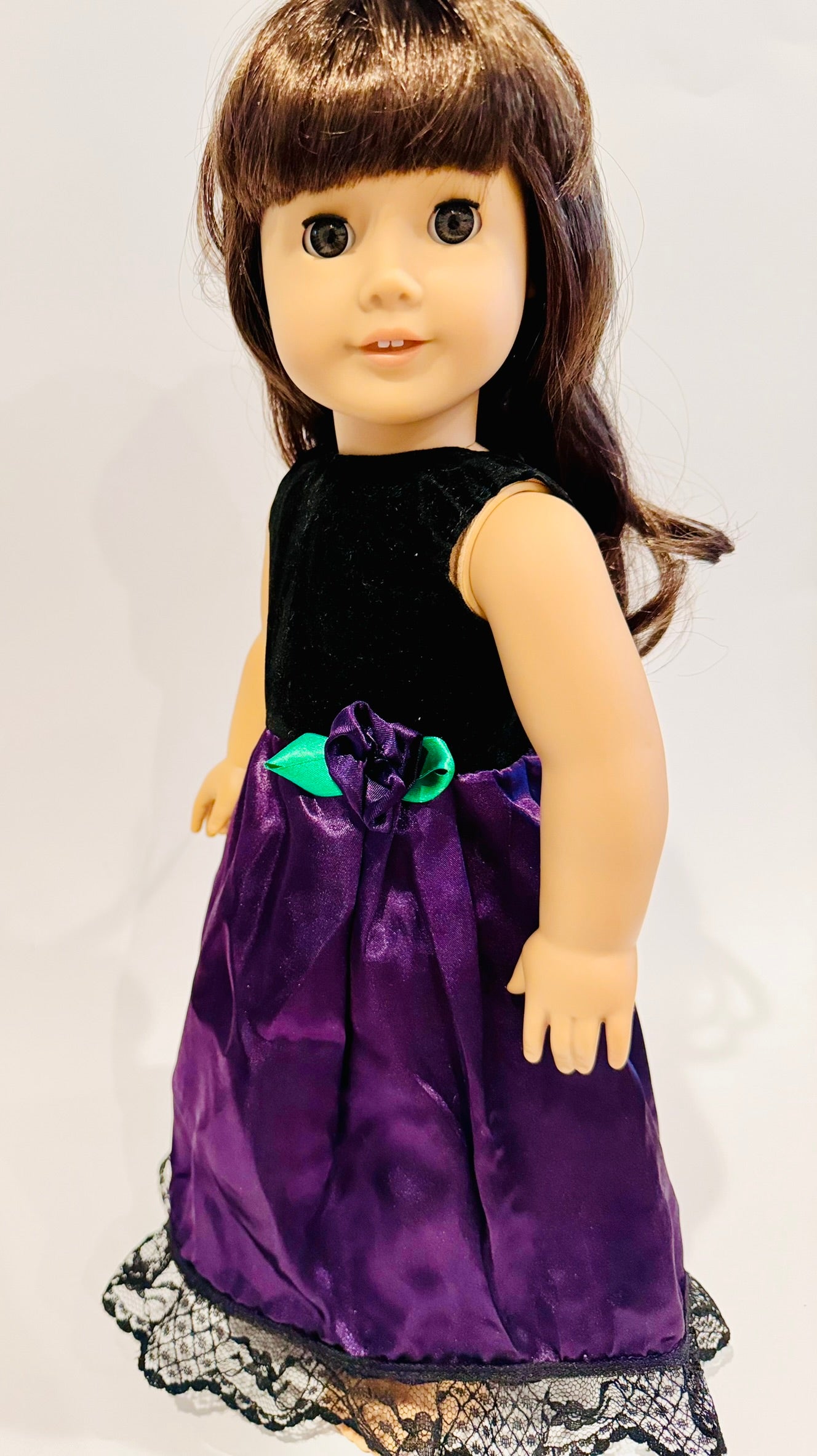 Dress made by Kathleen Saviak: black velvet and purple satin