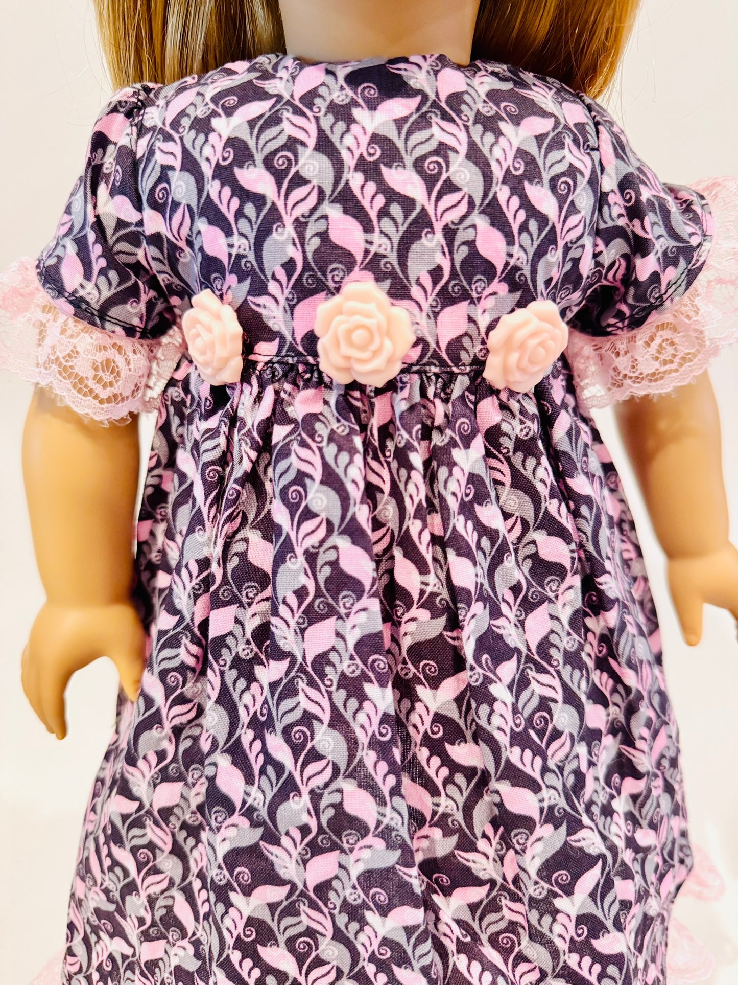Dress made by Kathleen Saviak: pink and gray foliage