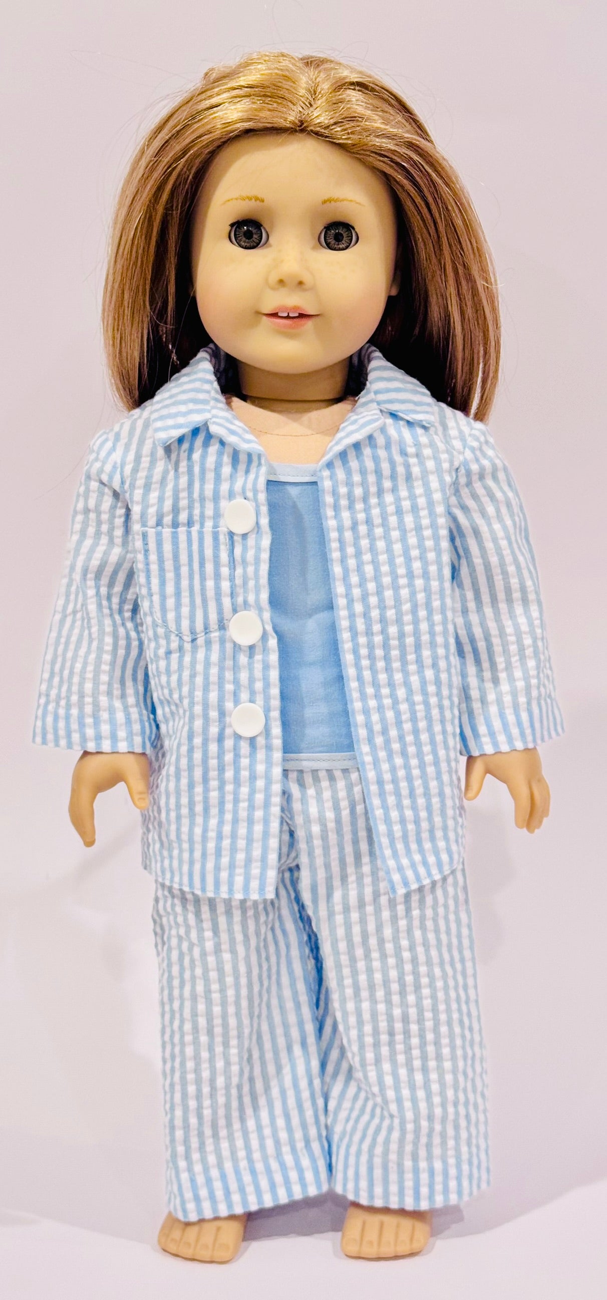 4-piece outfit made by Kathleen Saviak: blue and white seersucker