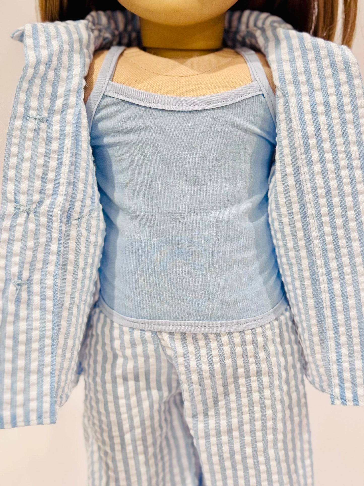 4-piece outfit made by Kathleen Saviak: blue and white seersucker