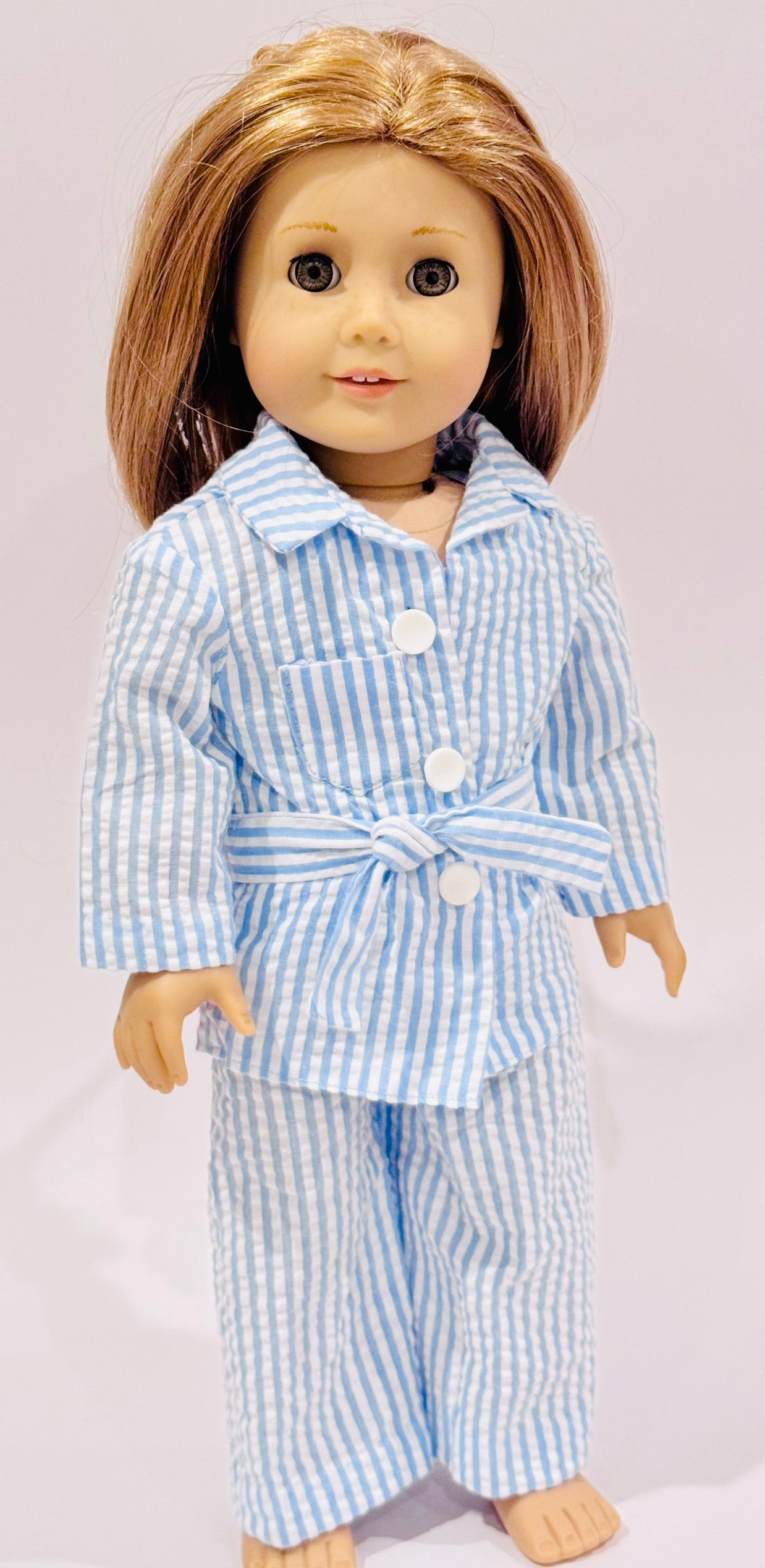 4-piece outfit made by Kathleen Saviak: blue and white seersucker