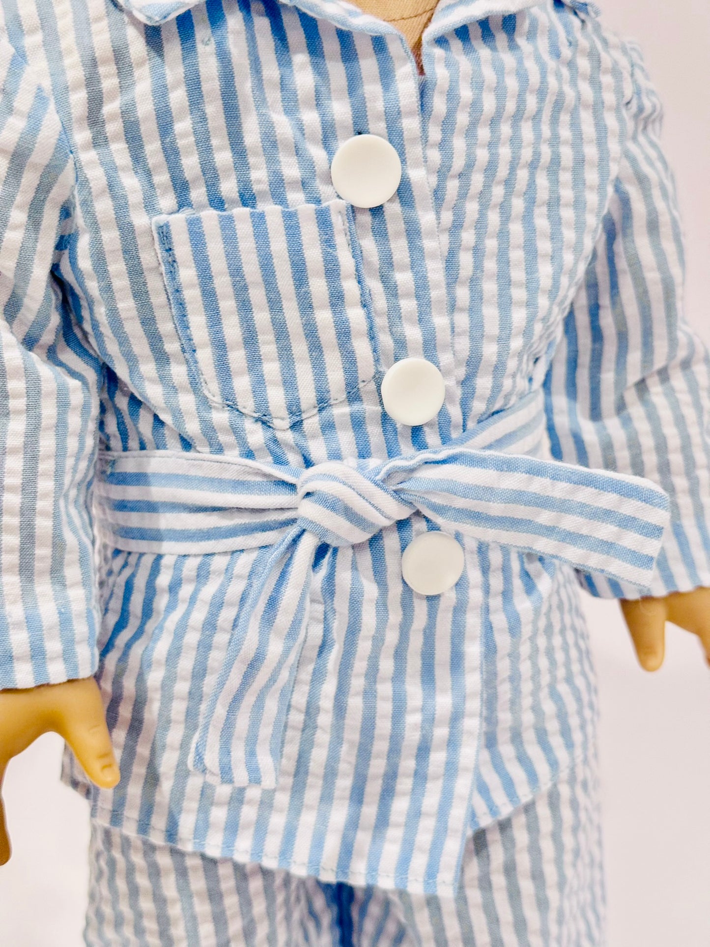 4-piece outfit made by Kathleen Saviak: blue and white seersucker