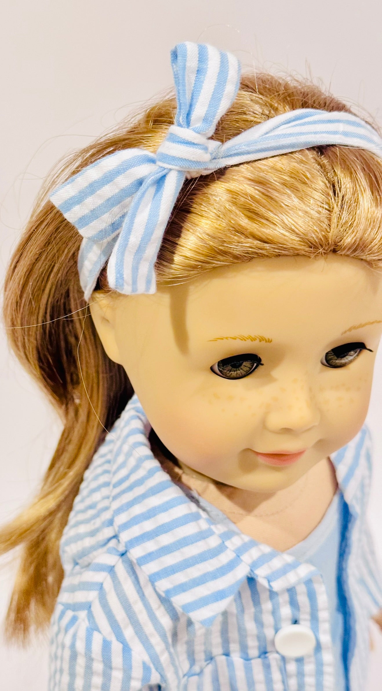 4-piece outfit made by Kathleen Saviak: blue and white seersucker