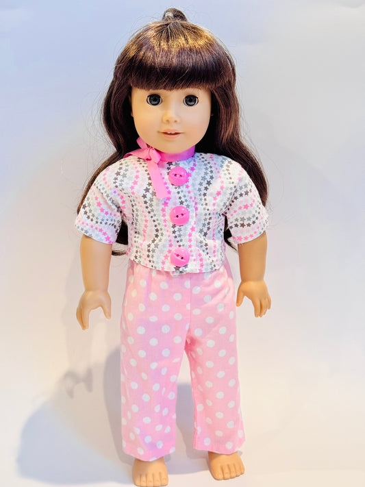 3-piece outfit made by Kathleen Saviak: starry pink crop top with polkadot pants and ribbon necktie
