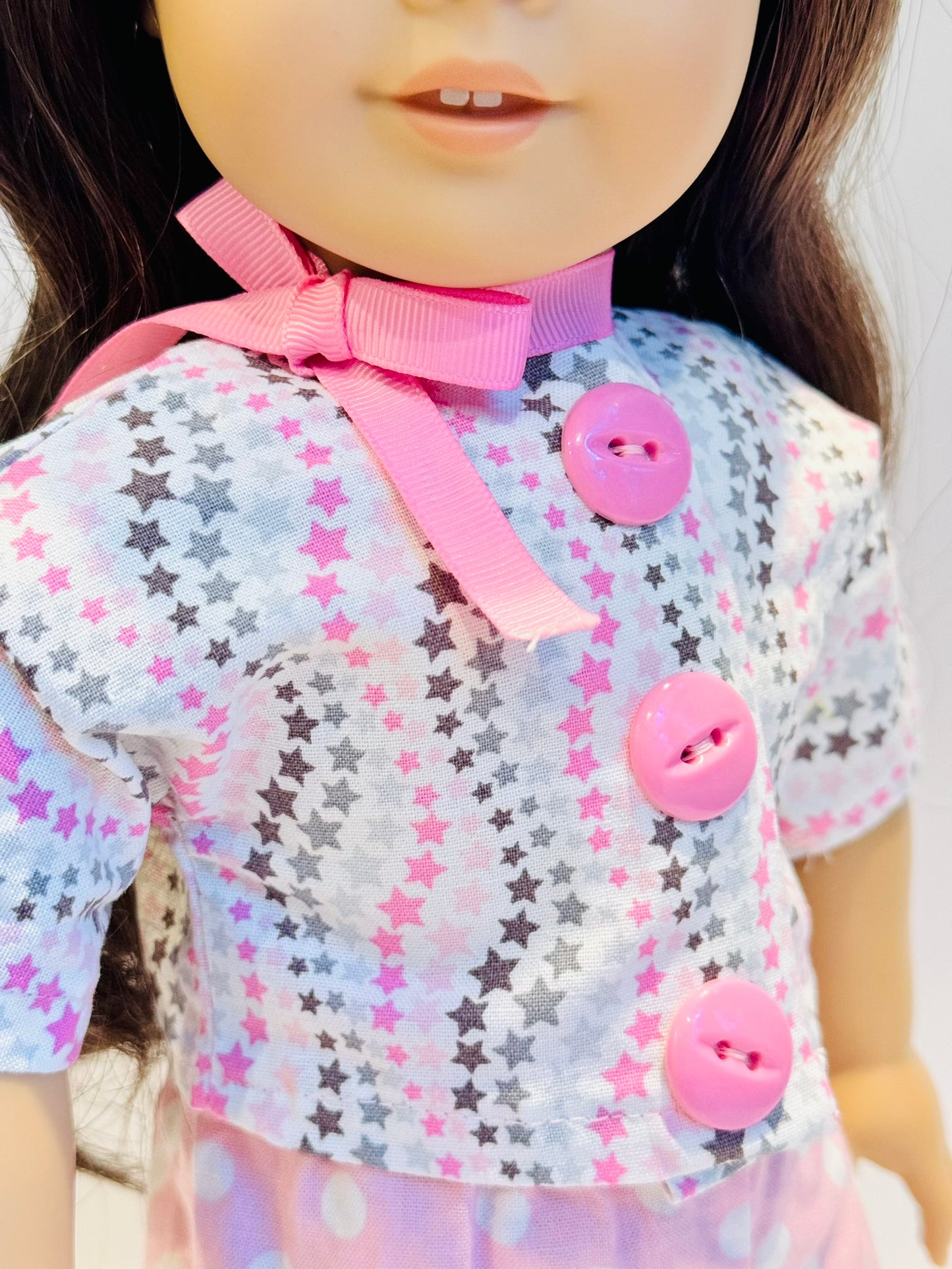 3-piece outfit made by Kathleen Saviak: starry pink crop top with polkadot pants and ribbon necktie