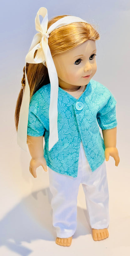 3-piece outfit made by Kathleen Saviak: aqua frill top with white slacks and coordinating ribbon