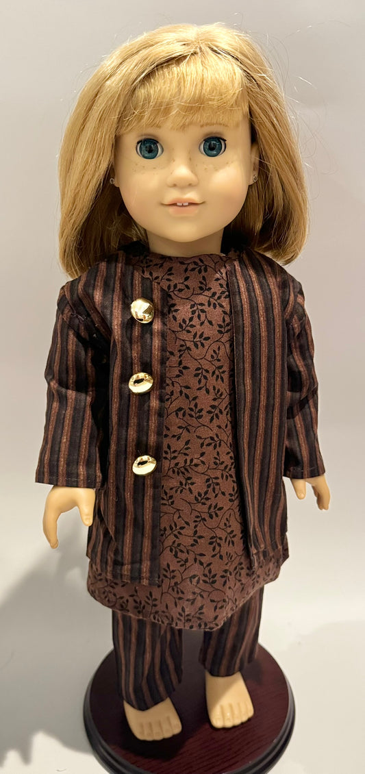 3-piece outfit made by Kathleen Saviak: brown and black dress, overcoat, and slacks