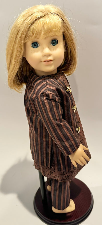 3-piece outfit made by Kathleen Saviak: brown and black dress, overcoat, and slacks