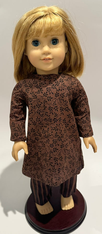 3-piece outfit made by Kathleen Saviak: brown and black dress, overcoat, and slacks