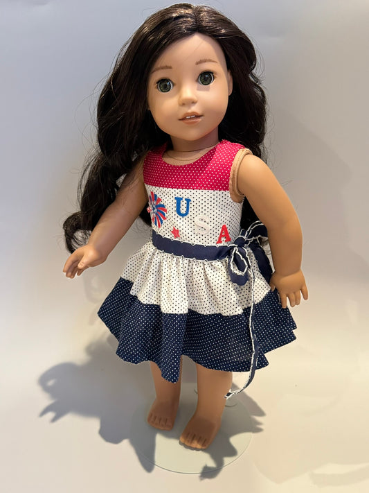 Dress made by Kathleen Saviak: USA red, white, and blue polkadot