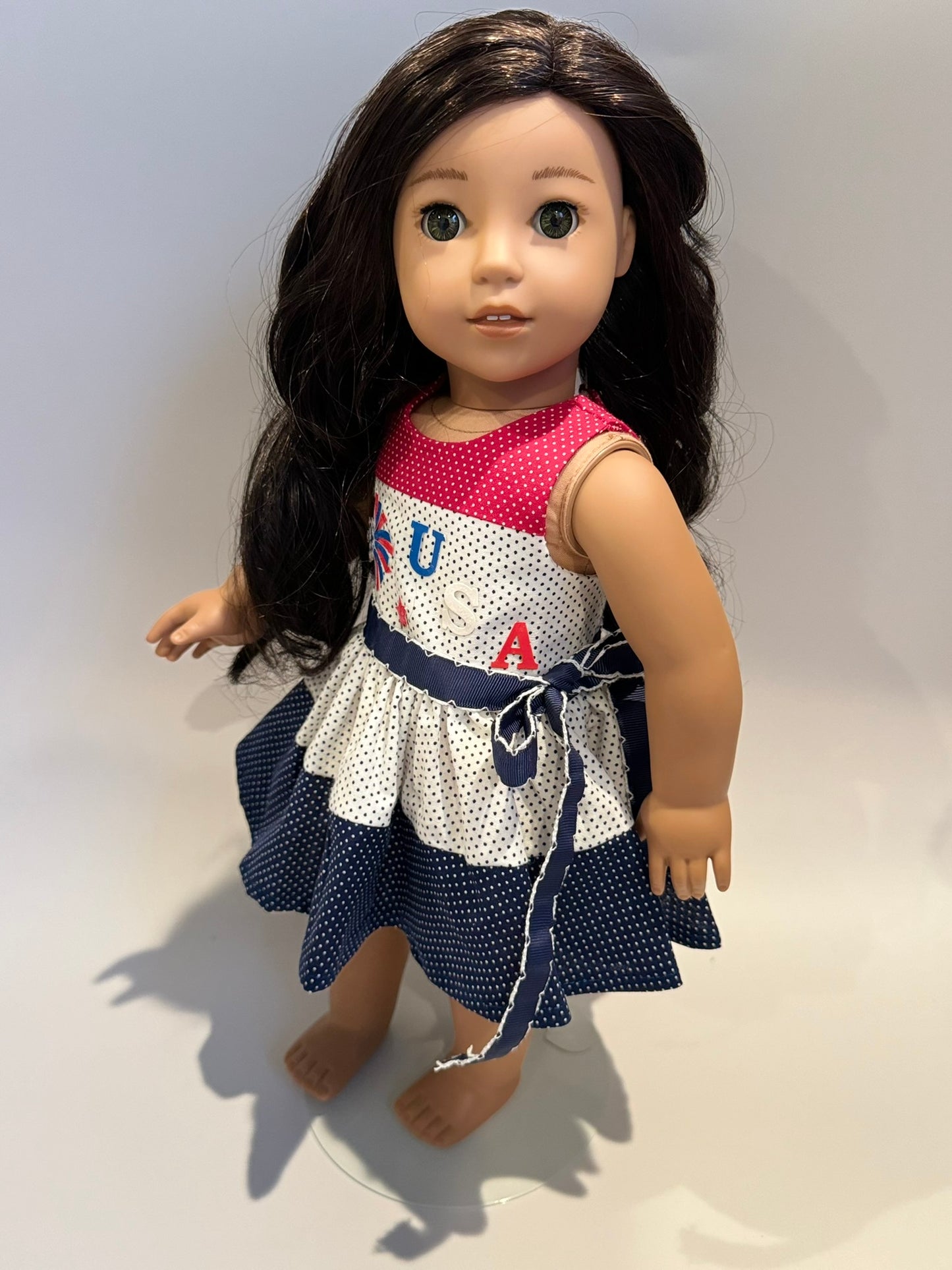 Dress made by Kathleen Saviak: USA red, white, and blue polkadot