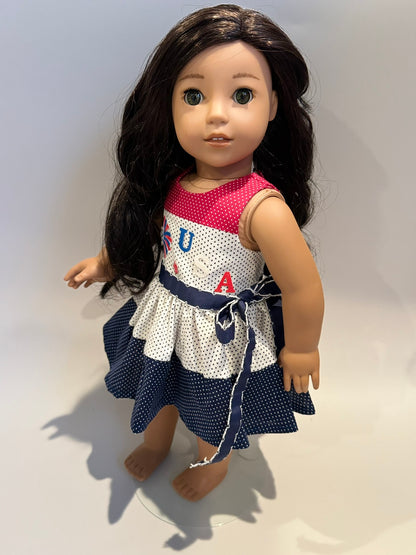 Dress made by Kathleen Saviak: USA red, white, and blue polkadot