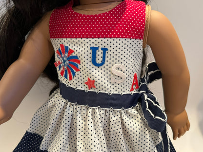 Dress made by Kathleen Saviak: USA red, white, and blue polkadot