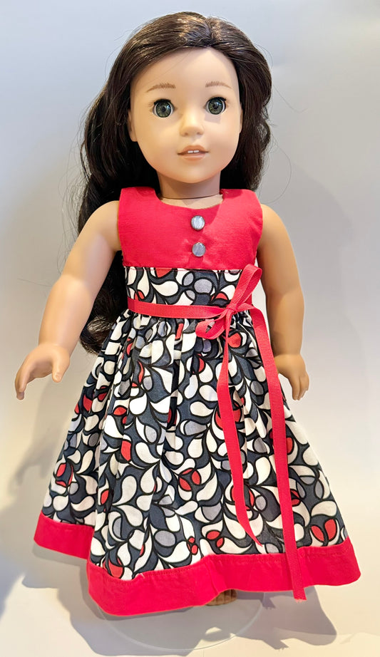 Dress made by Kathleen Saviak: whimsical red, gray, and white sleeveless