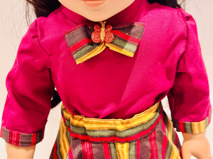 2-piece outfit made by Kathleen Saviak: fall tones "flapper" skirt and long-sleeve top with butterfly bow