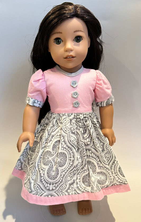 Dress made by Kathleen Saviak: pink and gray damask with flower buttons